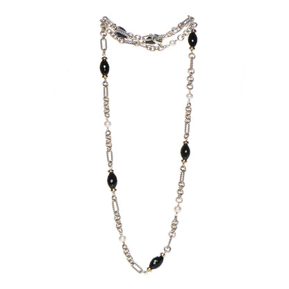 David Yurman Sterling Silver 18K Yellow Gold Black Onyx Pearl Figaro Chain Necklace 3 of 6
