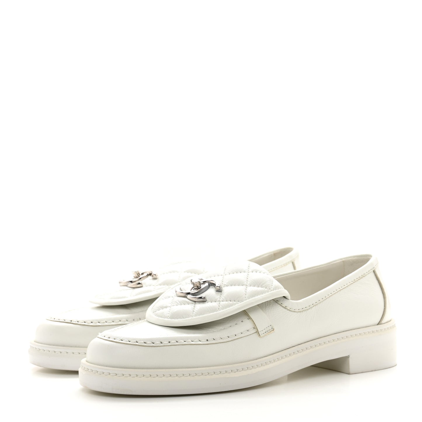Shiny Lambskin Quilted CC Turnlock Loafers 38 White