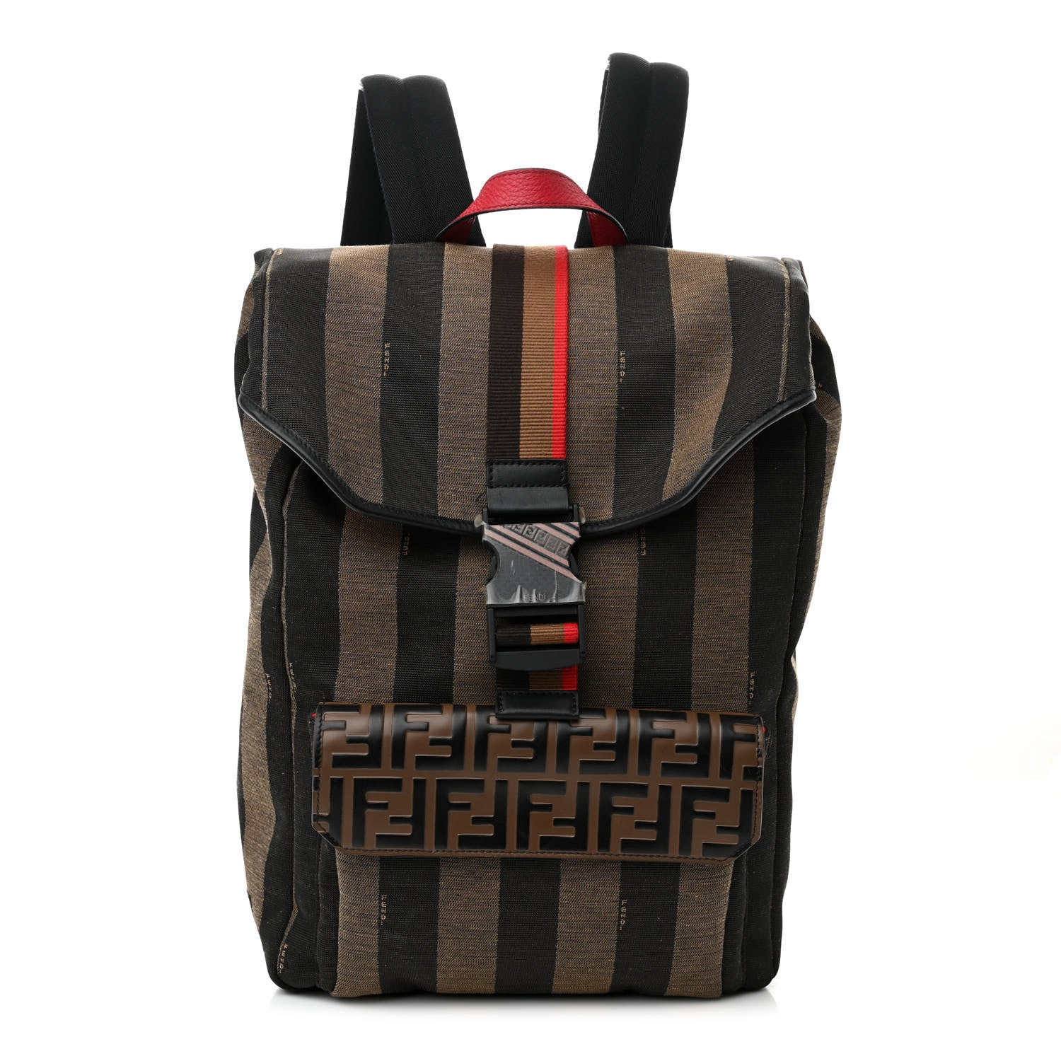 Fendi Fabric Jacquard Cuoio Romano Vitello Pequin Bi-Color FF 1974 Embossed Backpack Tobacco Moro Rosso Malboro Maya Black 1 of 9