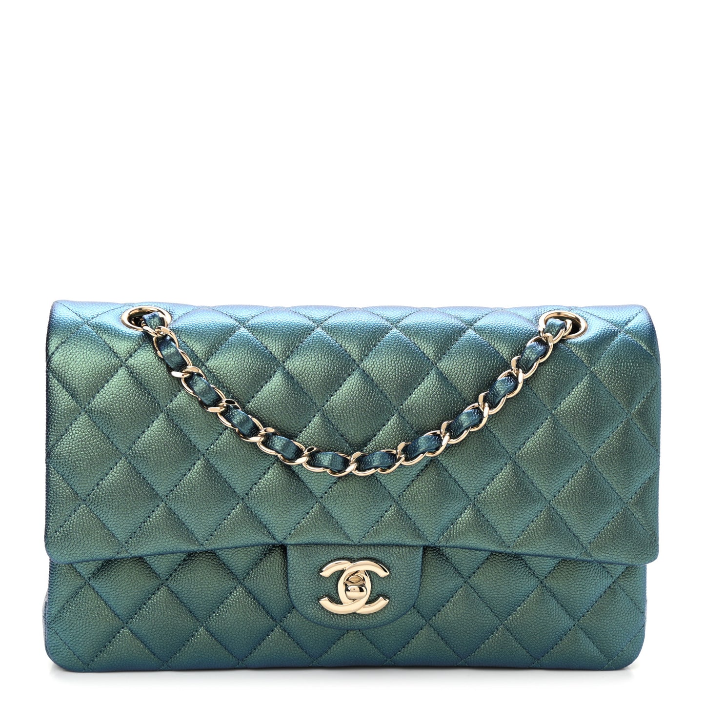 Iridescent Caviar Quilted Medium Double Flap Green
