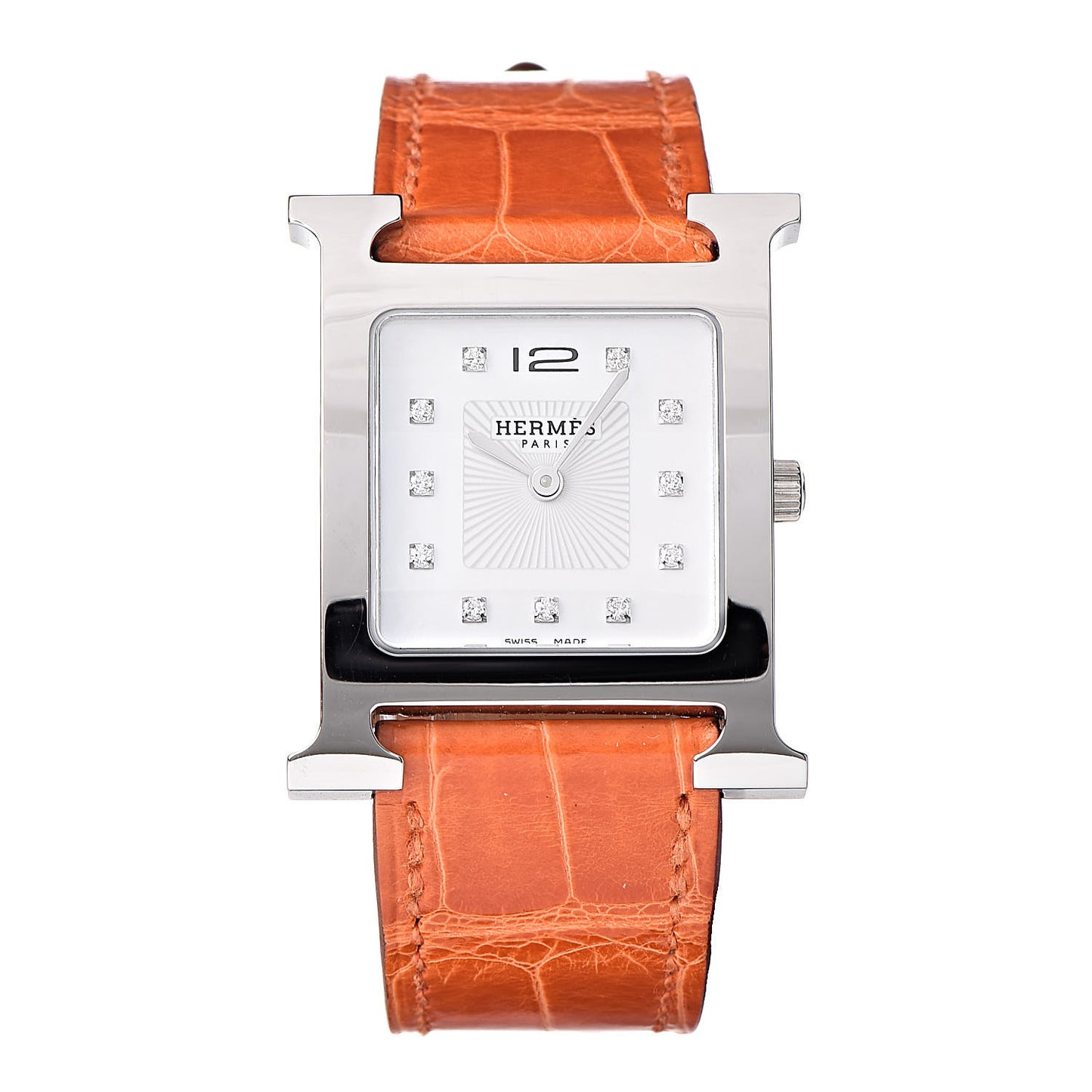 Stainless Steel Alligator Diamond Mother of Pearl 26mm Heure H Hour Quartz Watch Orange
