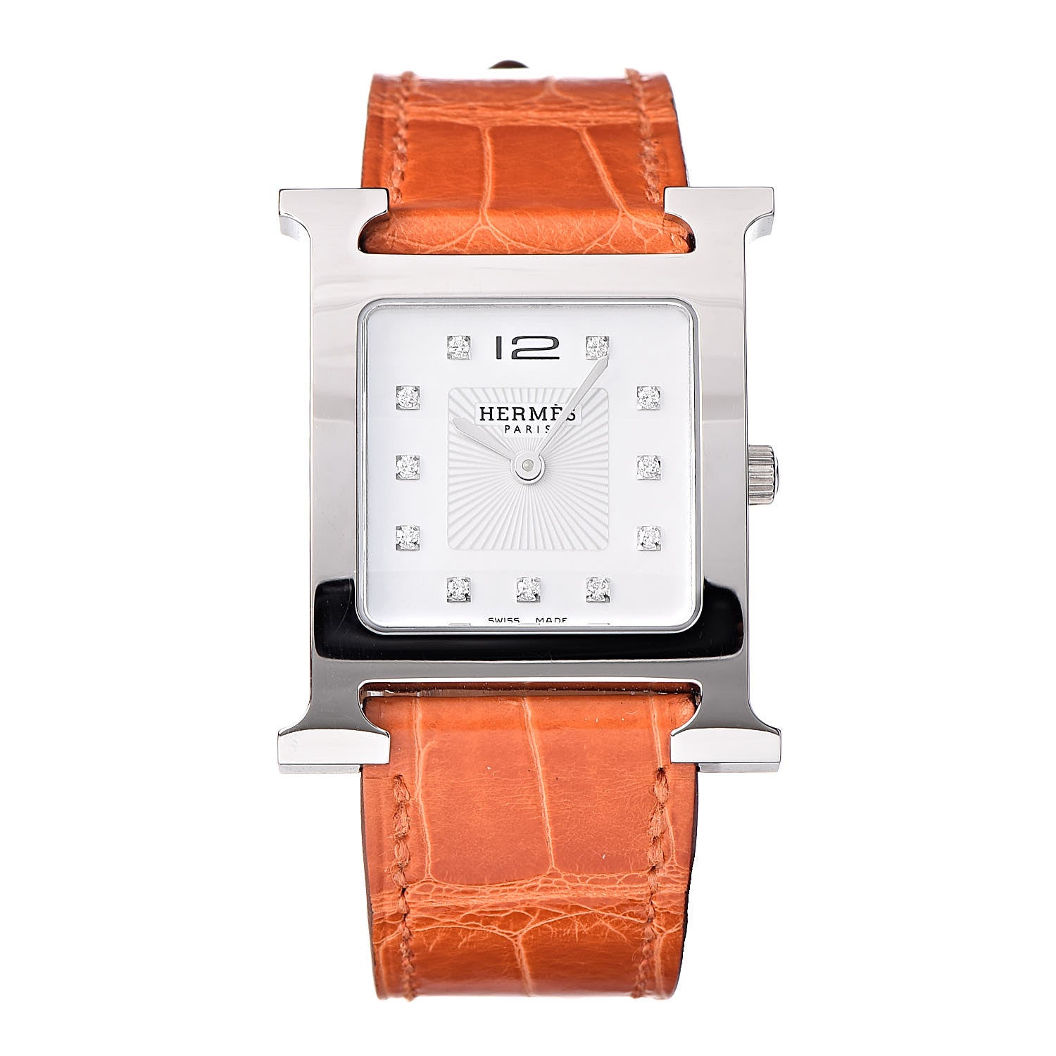 Hermes Stainless Steel Alligator Diamond Mother of Pearl 26mm Heure H Hour Quartz Watch Orange 1 of 8