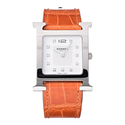 Hermes Stainless Steel Alligator Diamond Mother of Pearl 26mm Heure H Hour Quartz Watch Orange 1 of 8