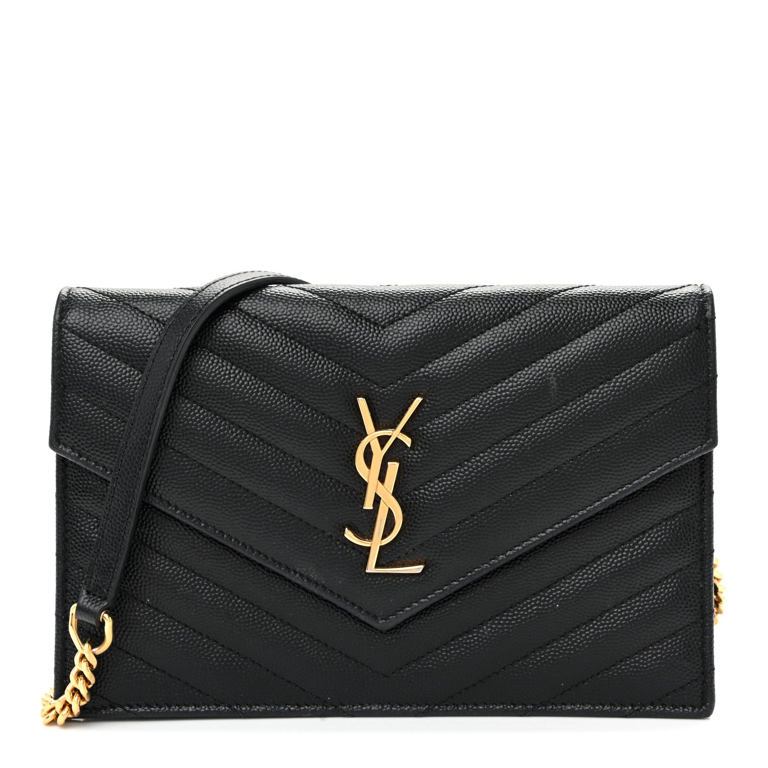 Saint Laurent Grain De Poudre Matelasse Chevron Monogram Envelope Chain Wallet Black 1 of 11