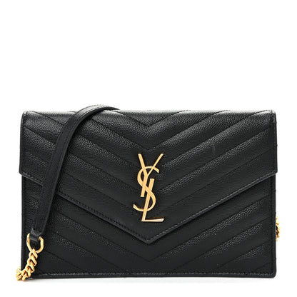 Saint Laurent Grain De Poudre Matelasse Chevron Monogram Envelope Chain Wallet Black 1 of 11