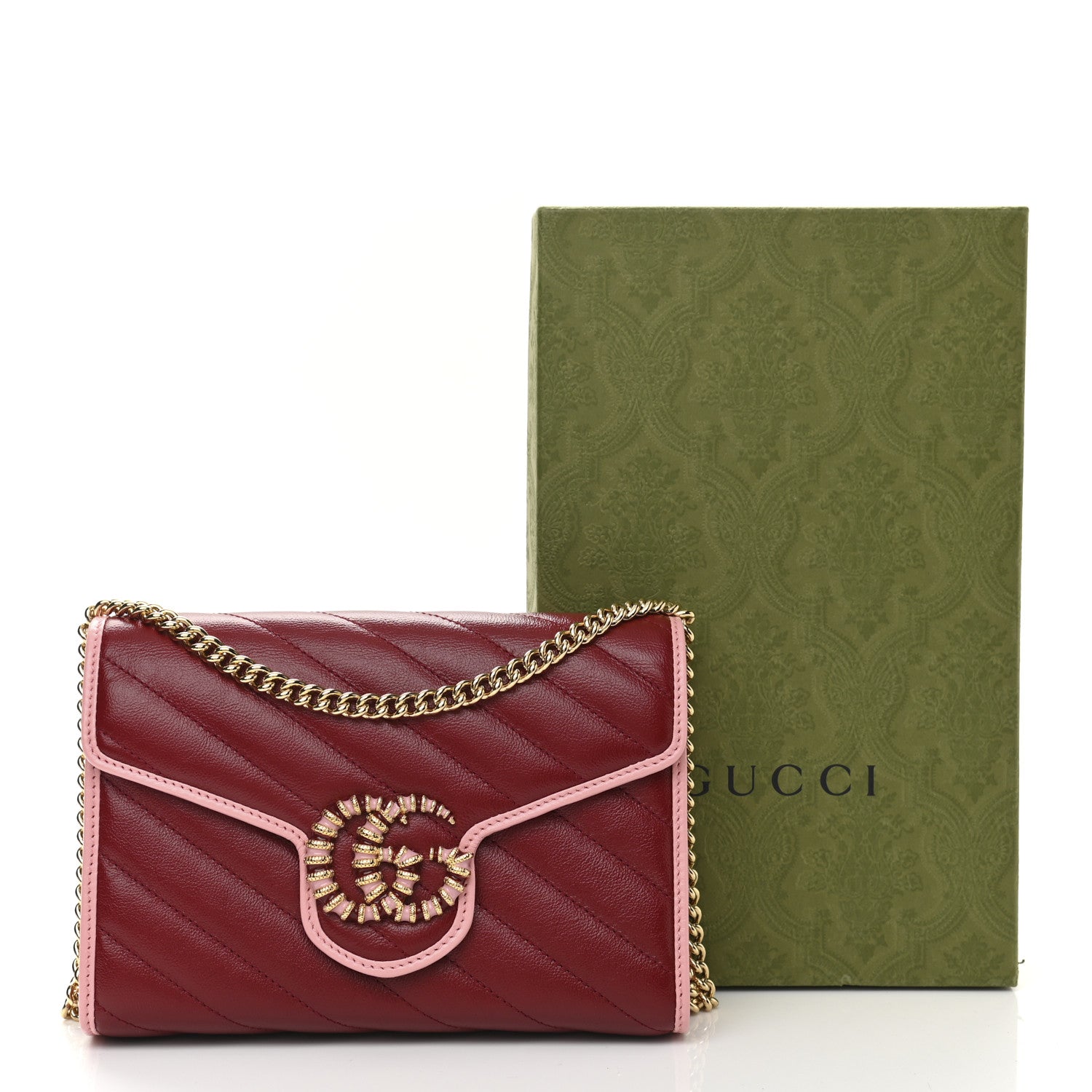 Gucci Azalea Calfskin Enamel Matelasse Diagonal Torchon GG Marmont Chain Wallet New Cherry Red Wild Rose 11 of 11