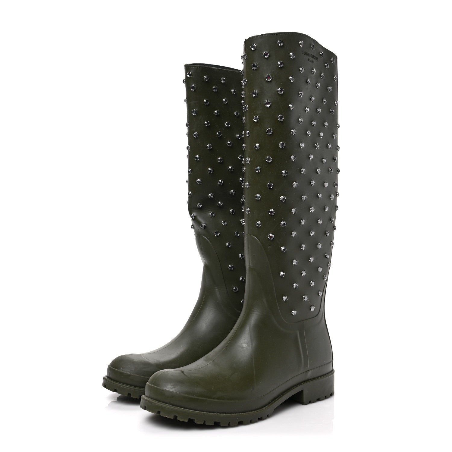 Saint Laurent Rubber Studded Festival Rain Boots 38 New Kaki Fonce 3 of 8