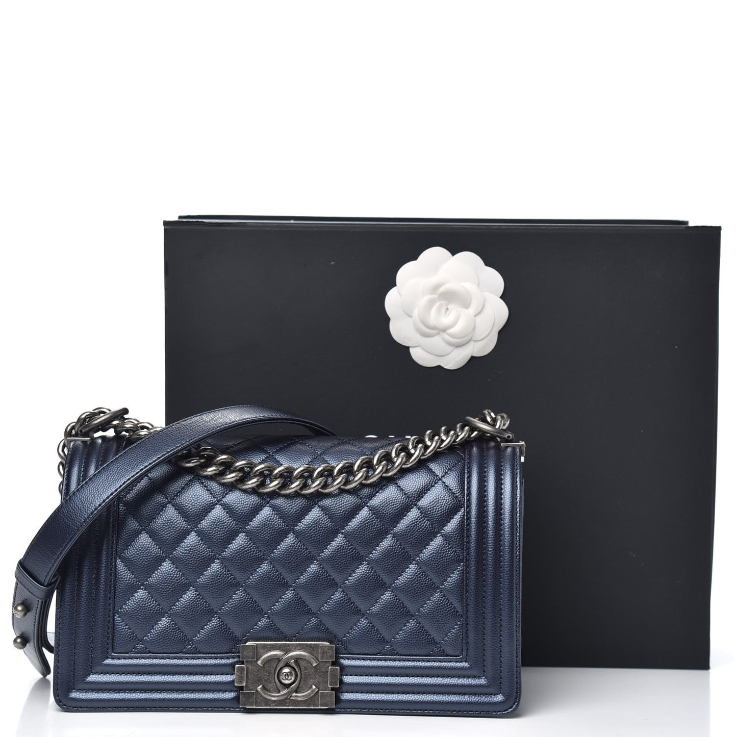 Metallic Caviar Quilted Medium Boy Flap Navy