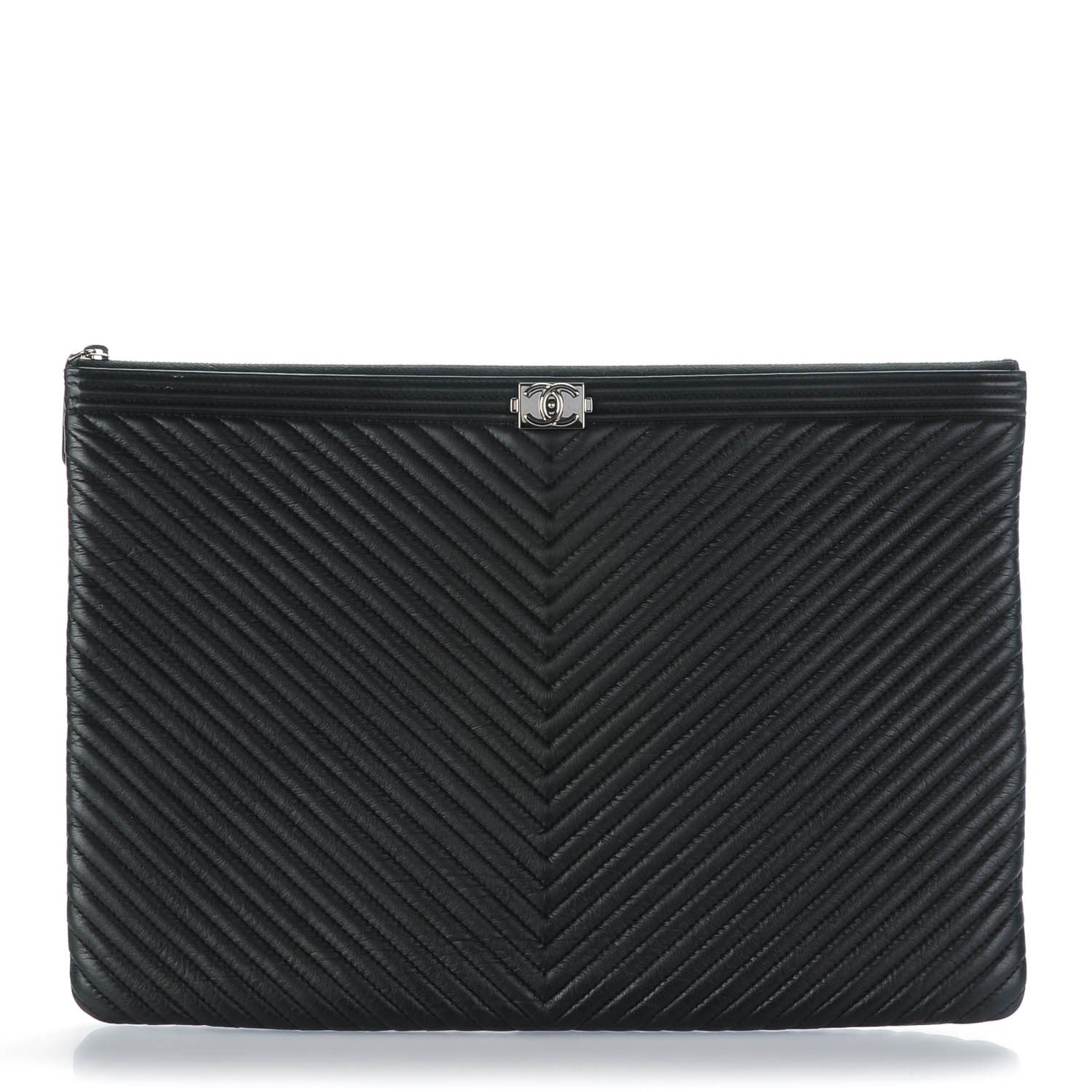 Chanel Calfskin Chevron Large Boy Cosmetic Case Black 1 of 15