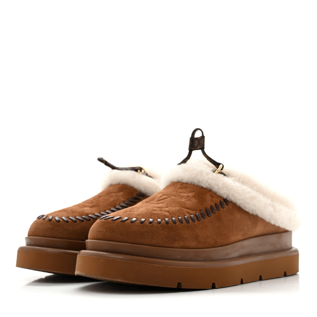 Suede Calfskin Shearling Monogram Debossed Cortina Closed Mule 39 Light Beige