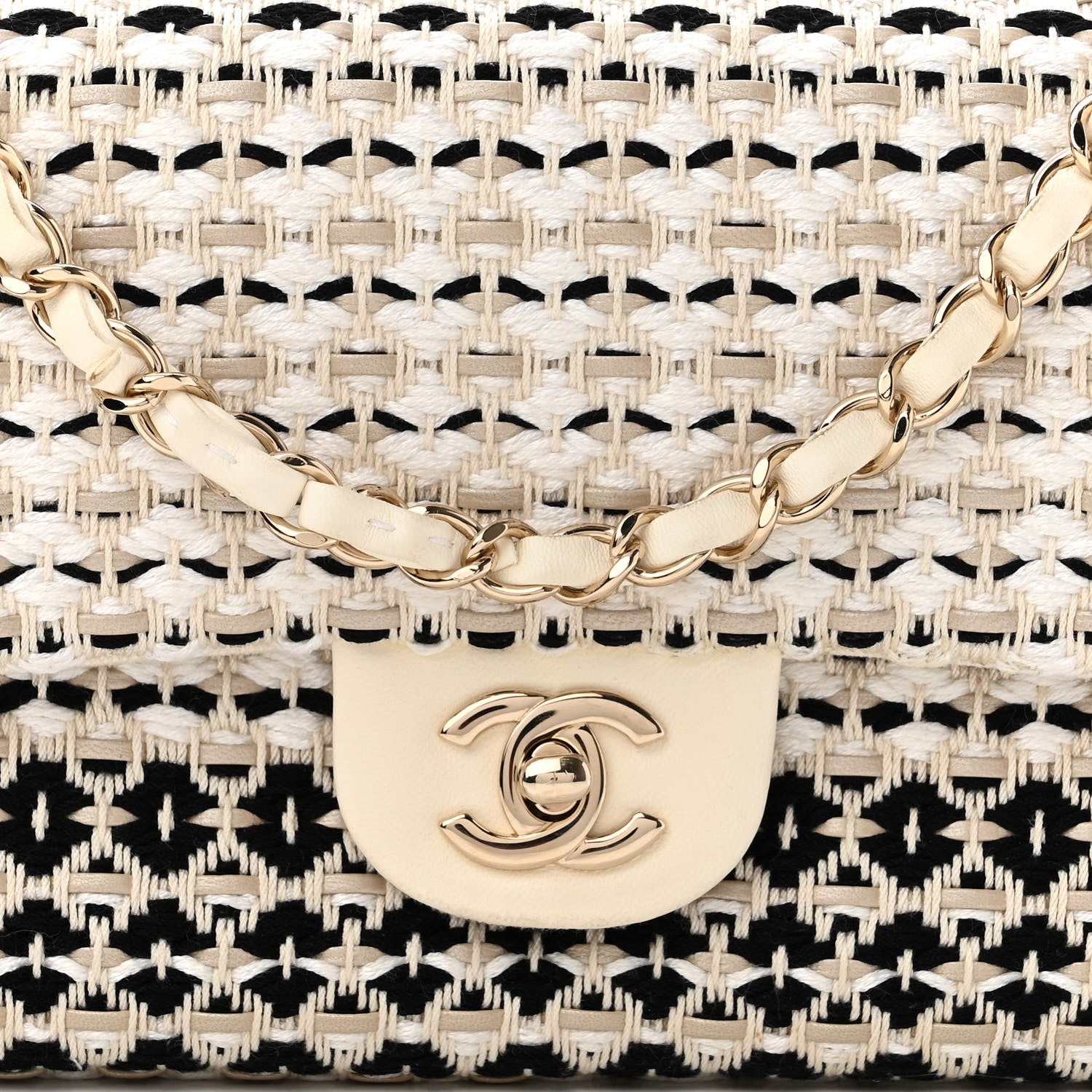 Chanel Cotton Raffia Lambskin Woven Medium Single Flap Beige Beige Black 7 of 10