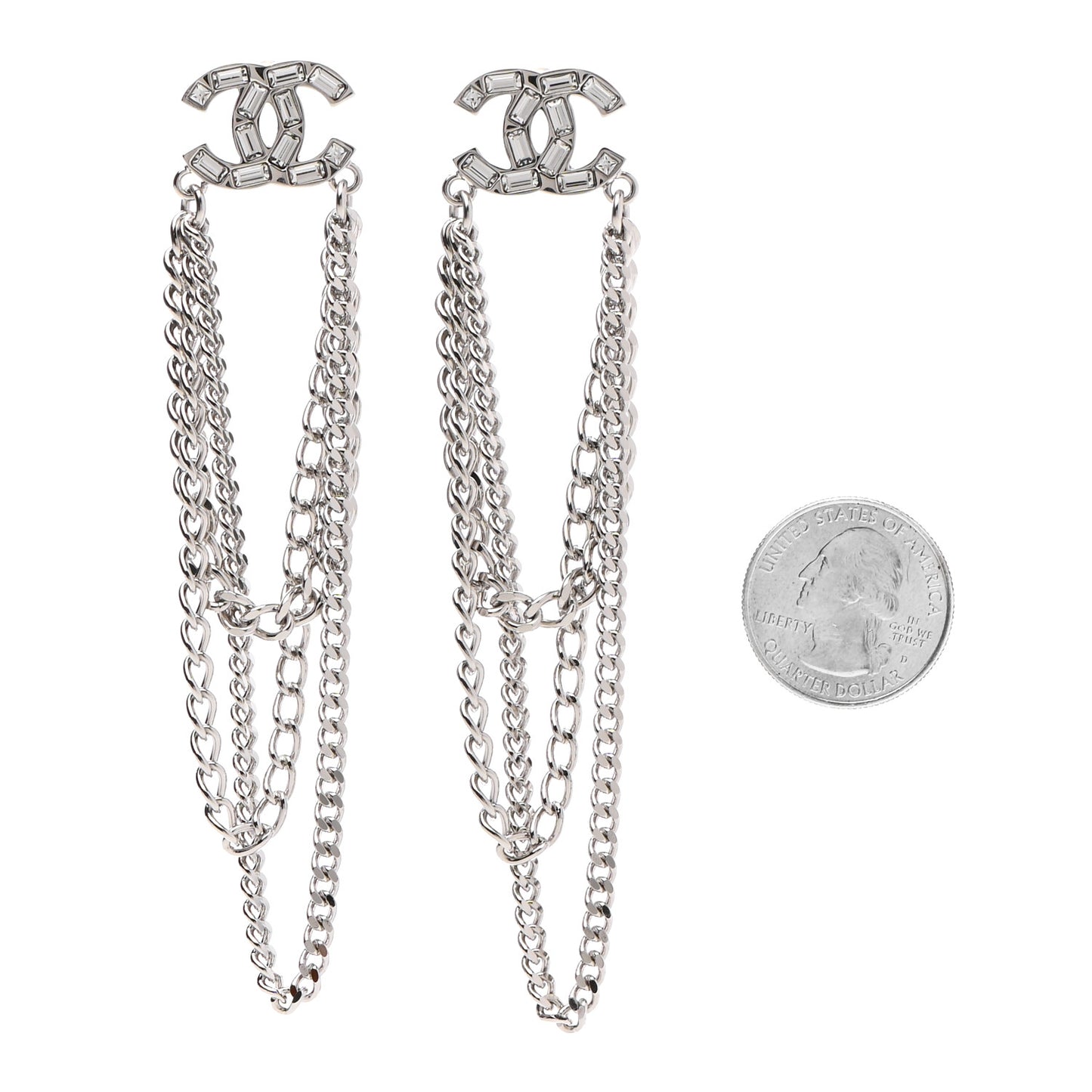 Crystal Baguette CC Chain Drop Earrings Silver