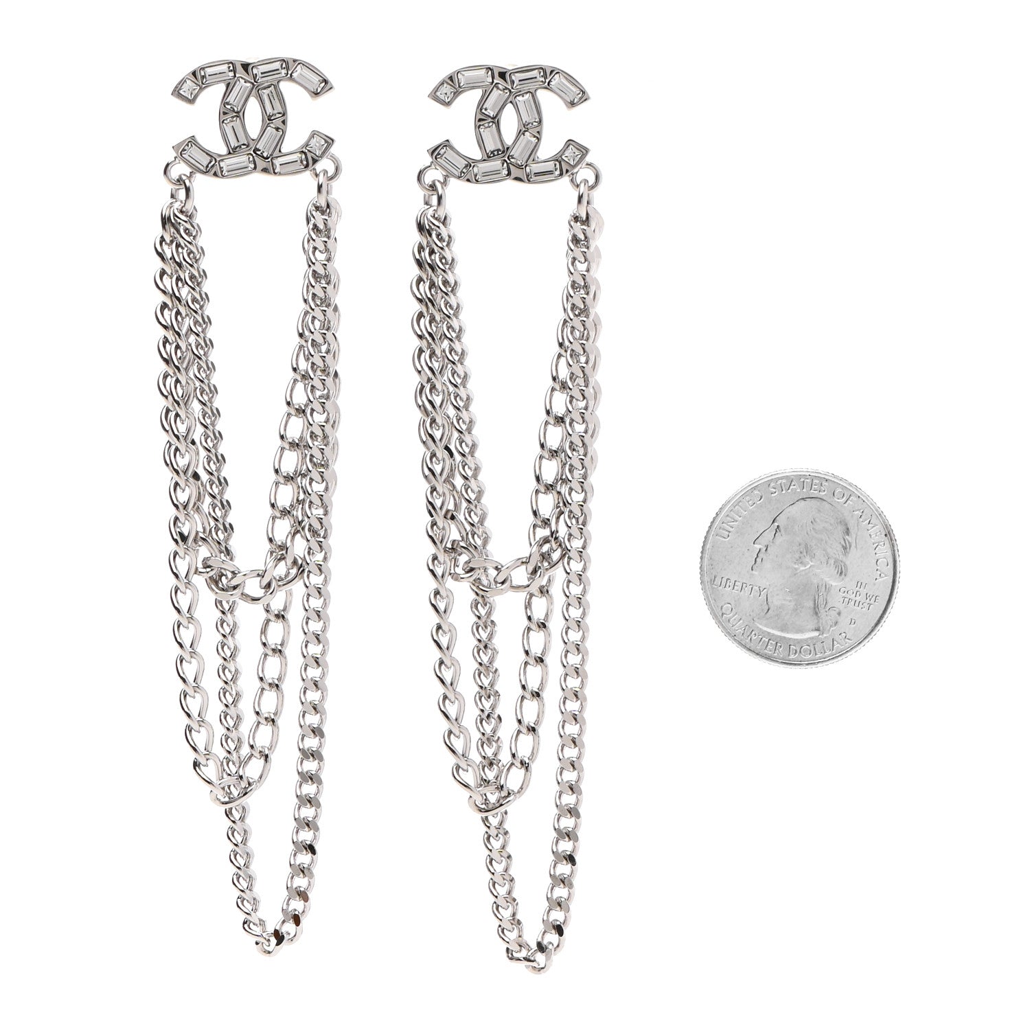 Chanel Crystal Baguette CC Chain Drop Earrings Silver 2 of 4