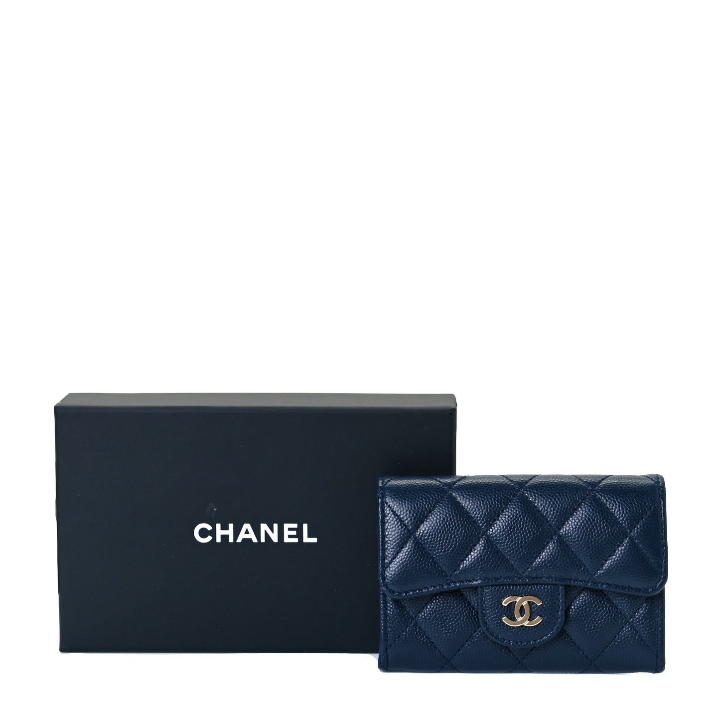 Caviar Quilted Flap Card Holder Wallet Navy Blue