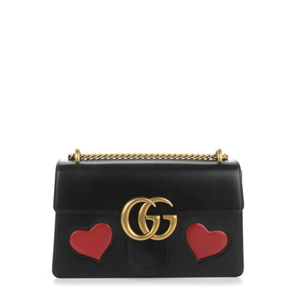 Gucci Knight Calfskin Malaga Kid Heart Medium GG Marmont Chain Handle Bag Black Hibiscus Red Multicolor 1 of 6