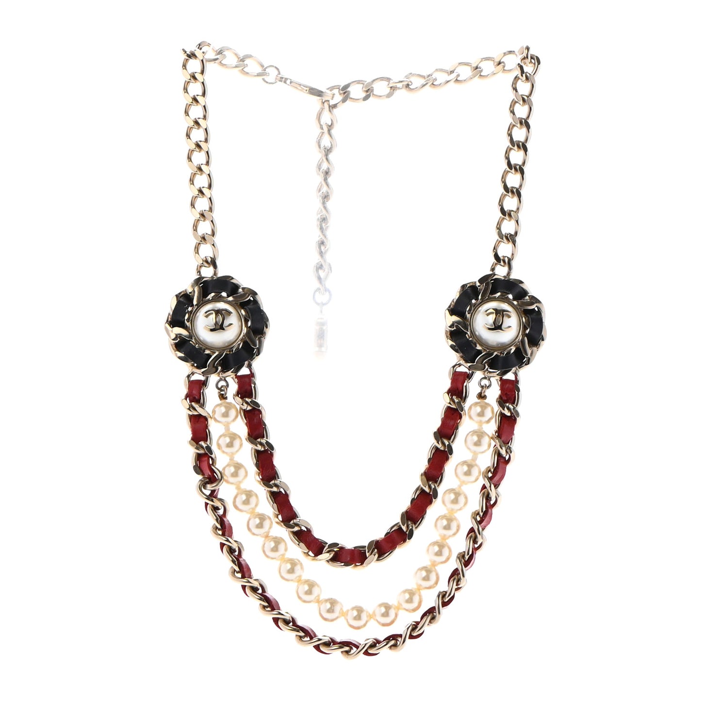Pearl Lambskin Chain CC Multi Strand Necklace Gold Black Red