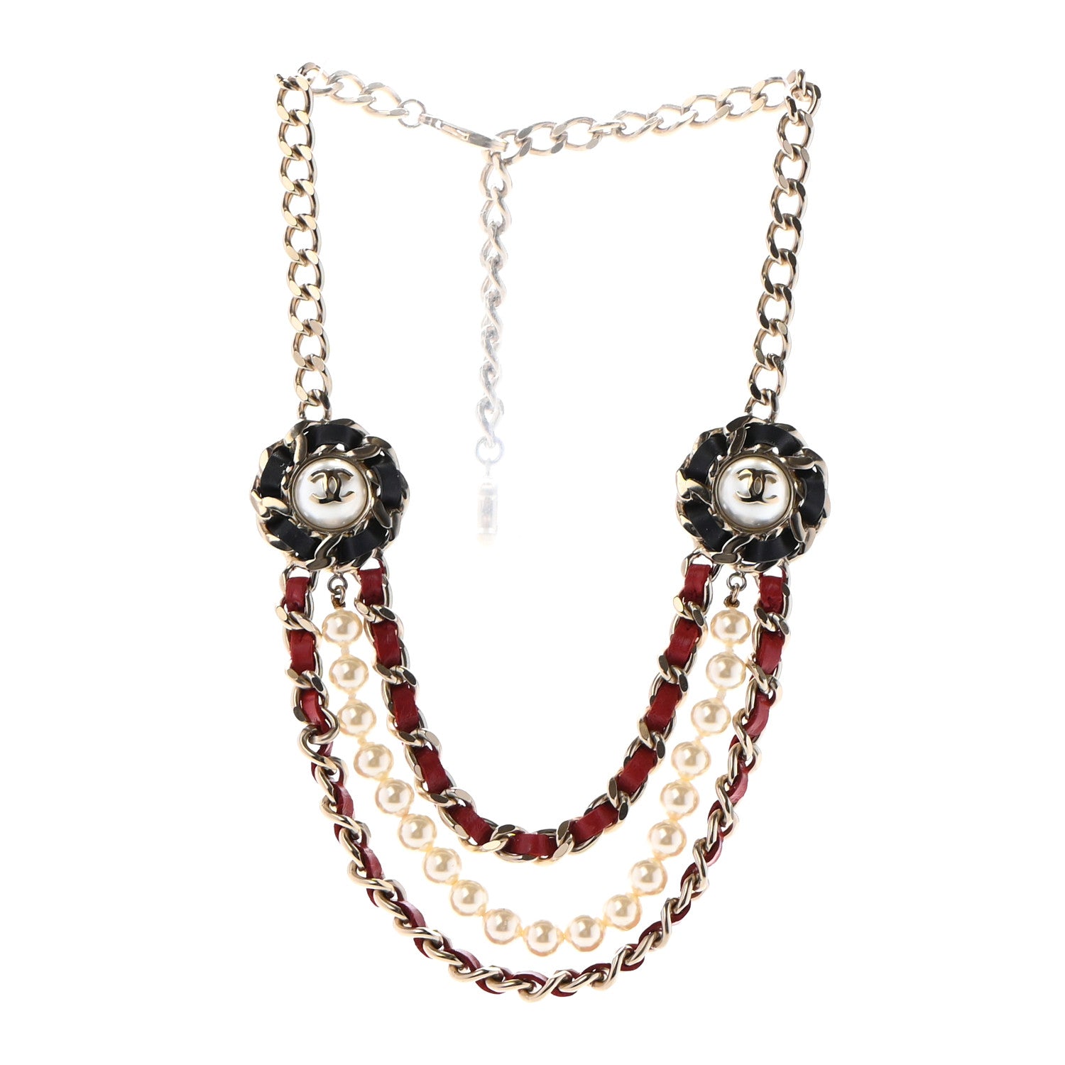 Chanel Pearl Lambskin Chain CC Multi Strand Necklace Gold Black Red 3 of 6