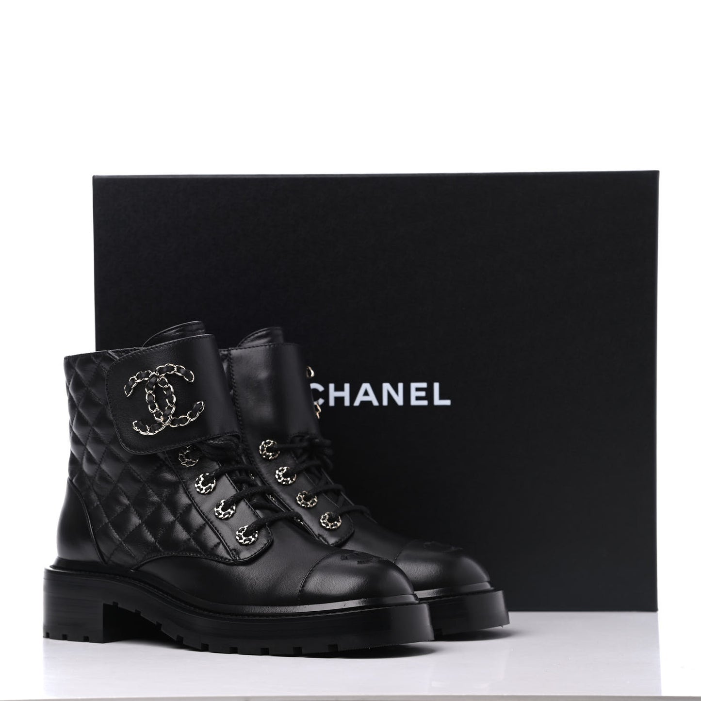 Shiny Lambskin Quilted Lace Up Combat Boots 38 Black