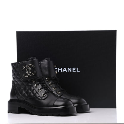 Chanel Shiny Lambskin Quilted Lace Up Combat Boots 38 Black 9 of 9