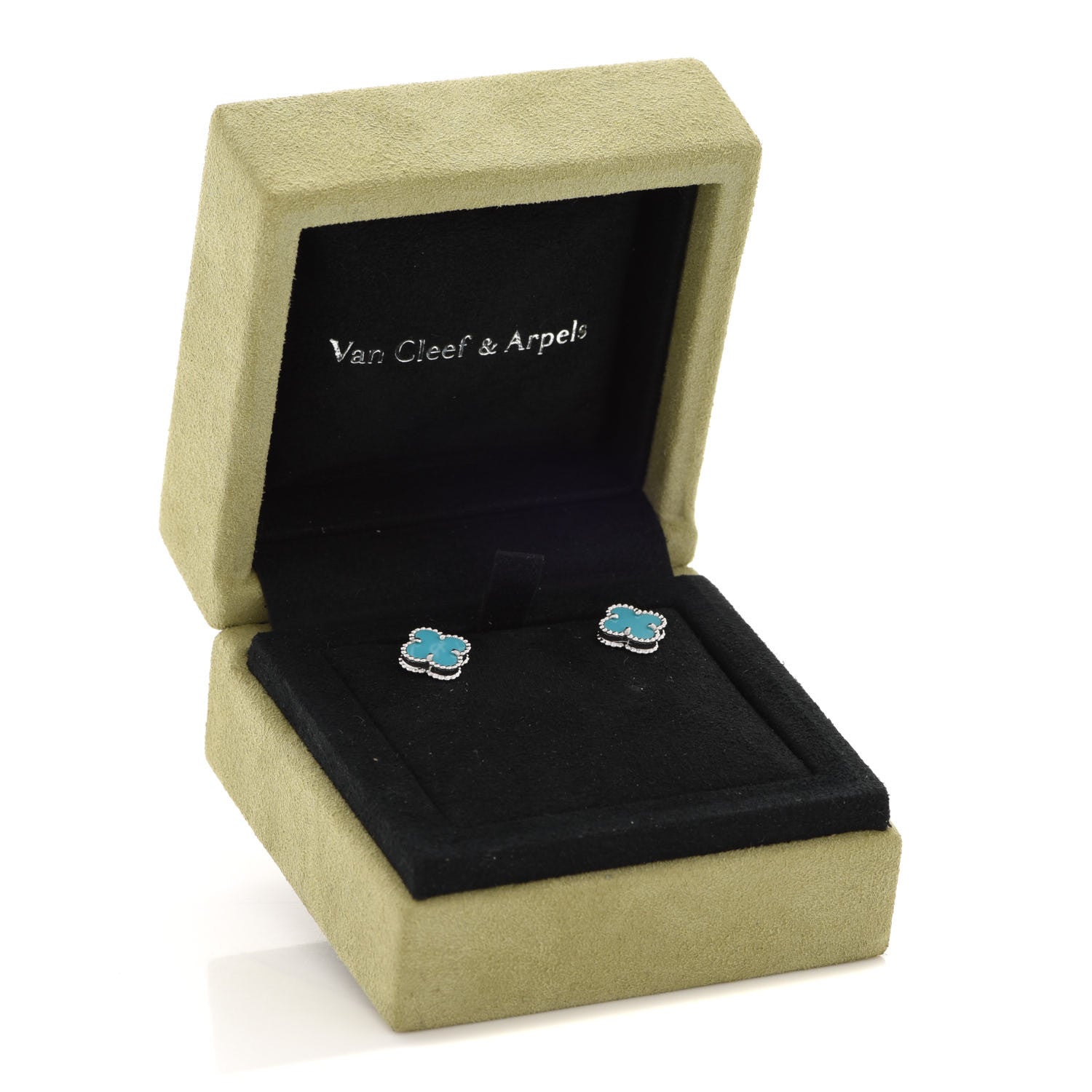 Van Cleef & Arpels 18K White Gold Turquoise Sweet Alhambra Earrings 5 of 5