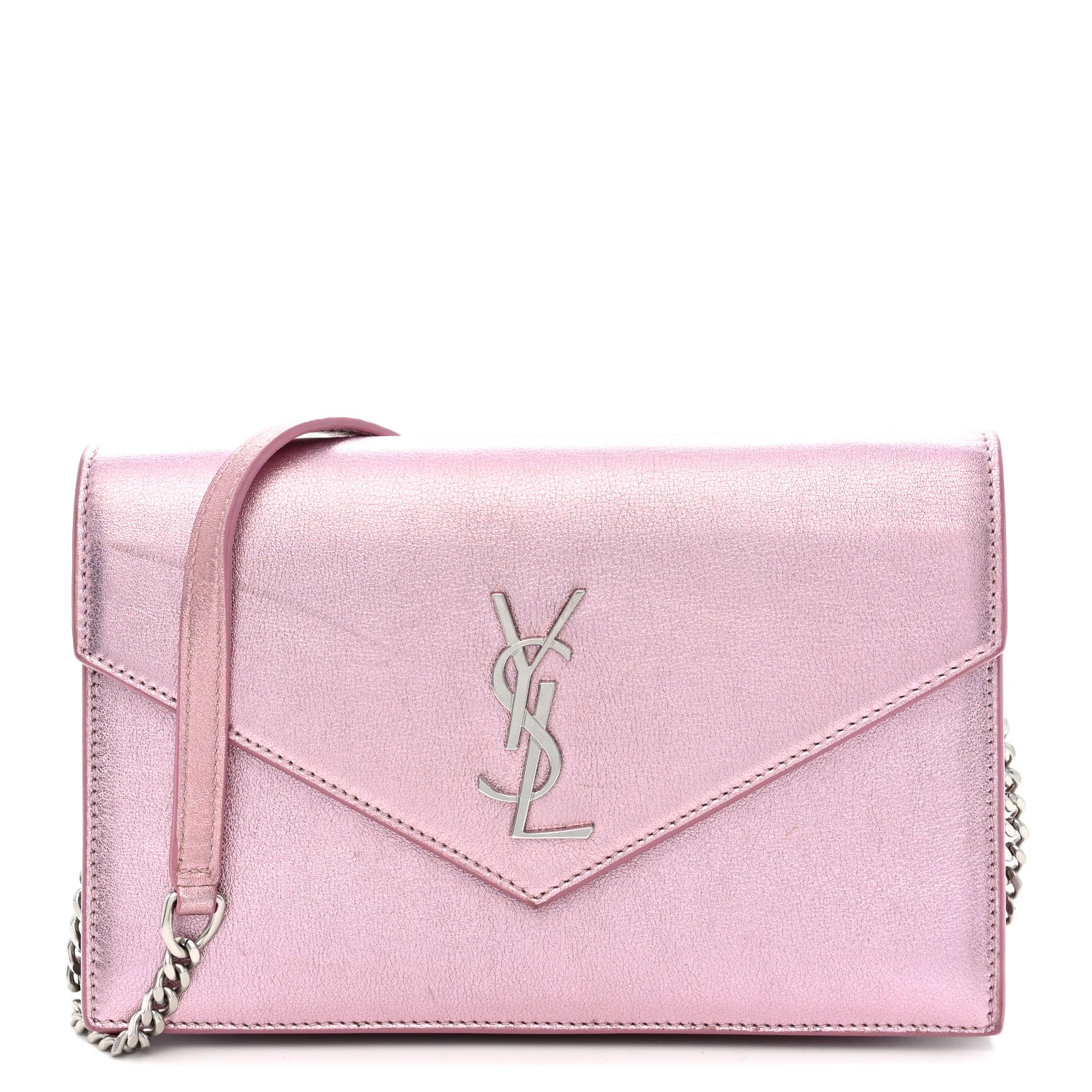 Saint Laurent Metallic Calfskin Monogram Envelope Chain Wallet New Azalea 1 of 9