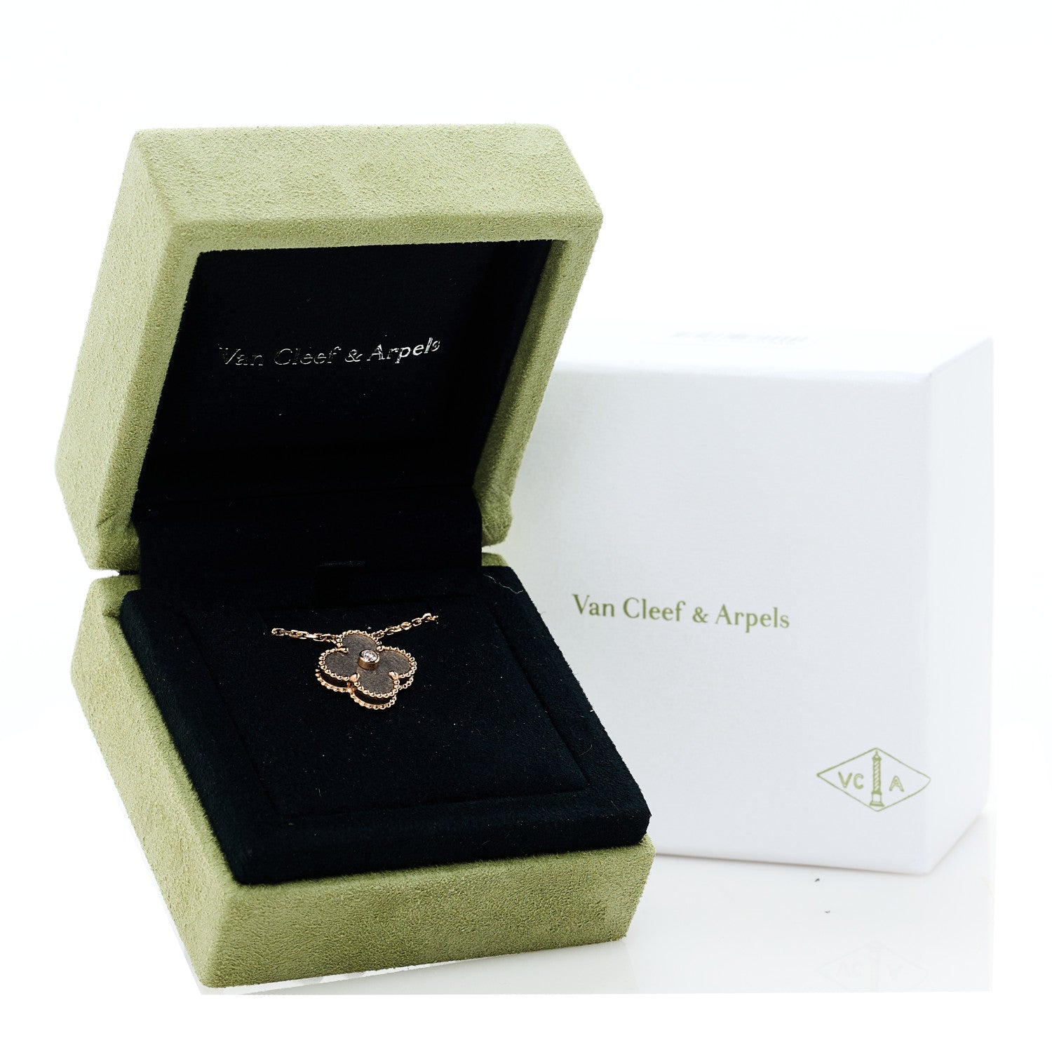 Van Cleef & Arpels 18K Rose Gold Diamond Silver Obsidian Vintage Alhambra Pendant Necklace 6 of 6
