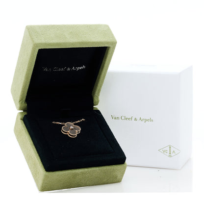 Van Cleef & Arpels 18K Rose Gold Diamond Silver Obsidian Vintage Alhambra Pendant Necklace 6 of 6