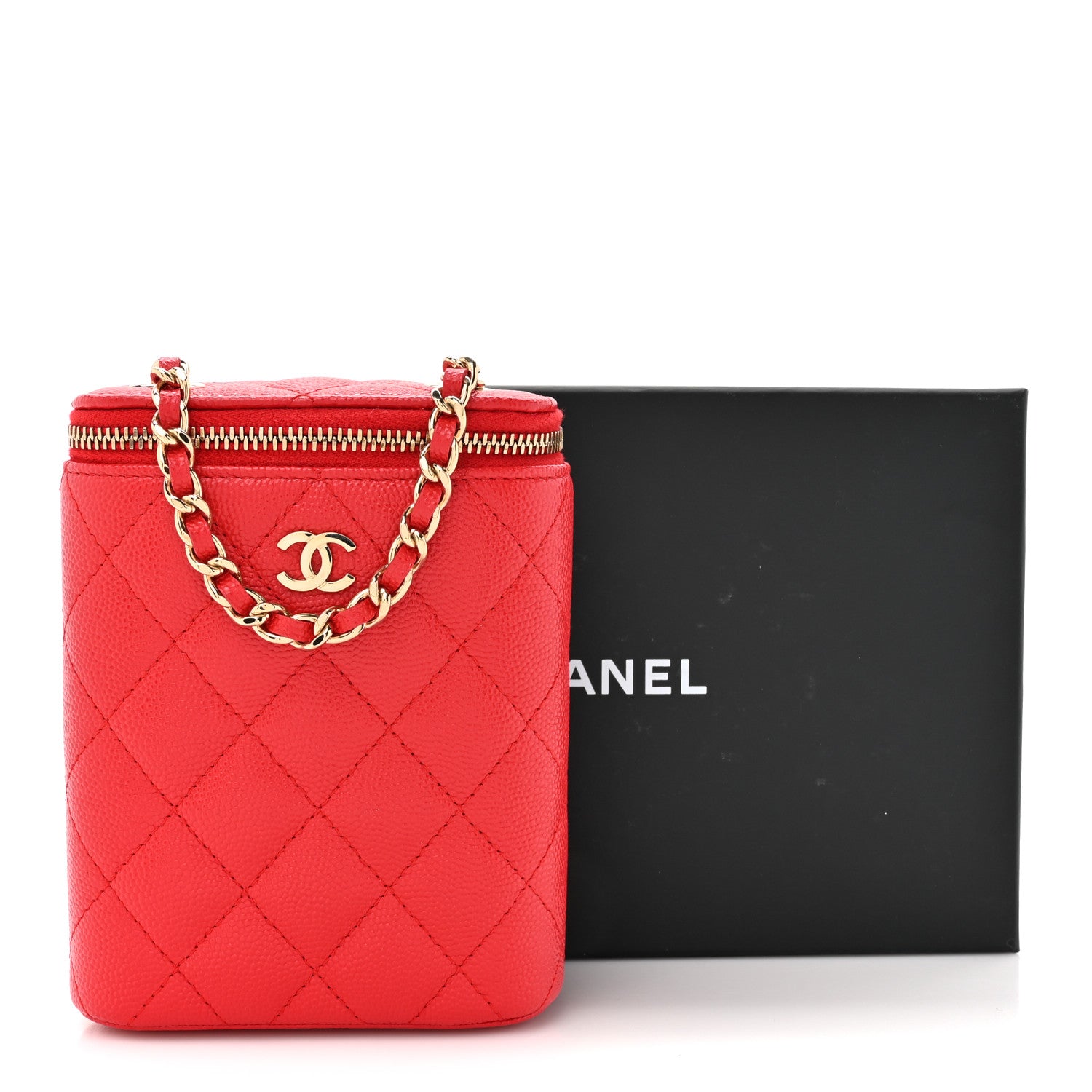 Chanel Caviar Quilted Small Vertical Coco Beauty Vanity Case With Chain Red 11 of 11