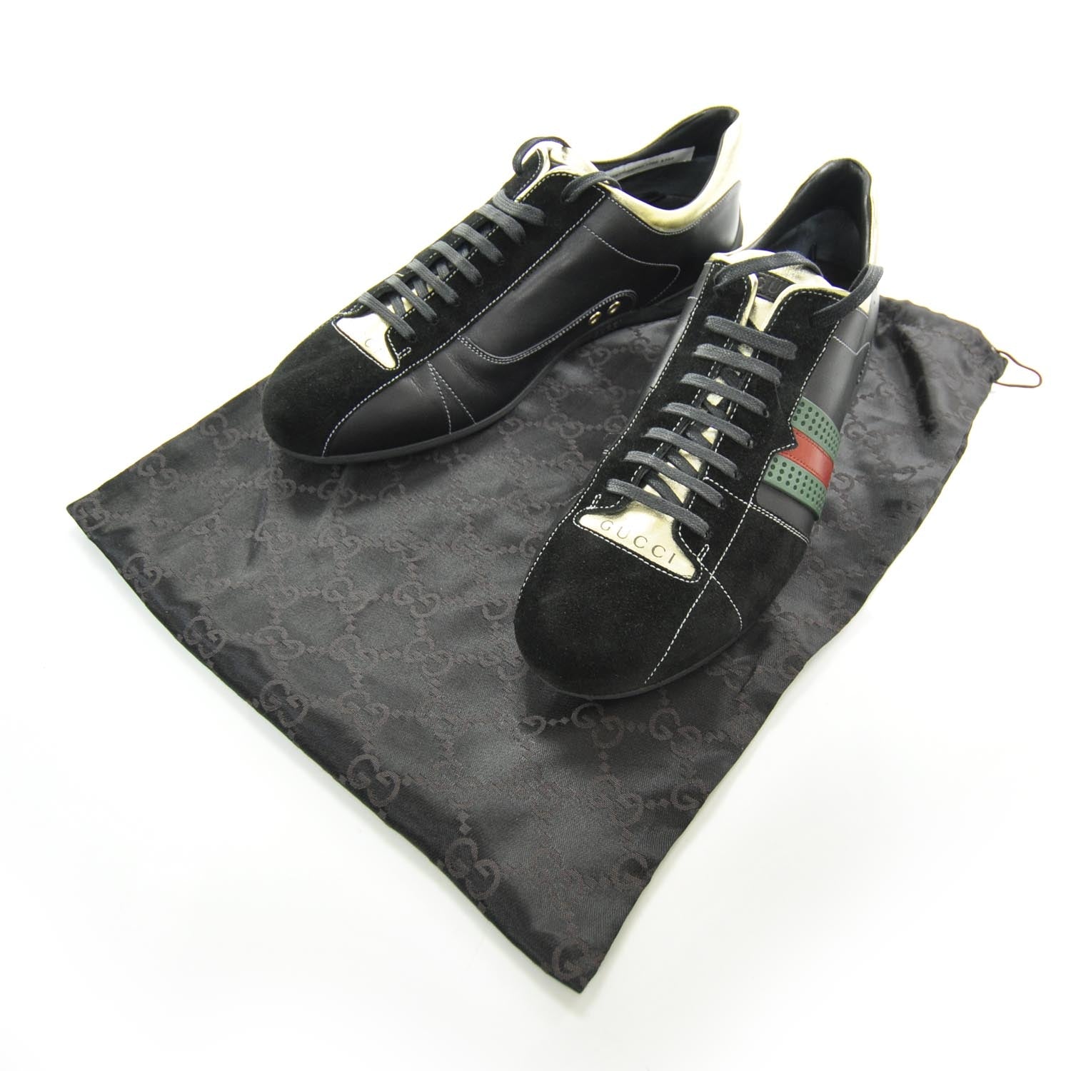 Gucci Mens Suede and Leather Perforated Web Sneakers 9 Black 2 of 8