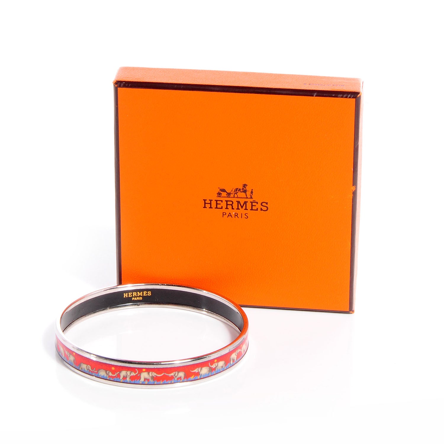 Hermes Enamel Printed Elephants Grazing Narrow Bracelet Red 70 6 of 6