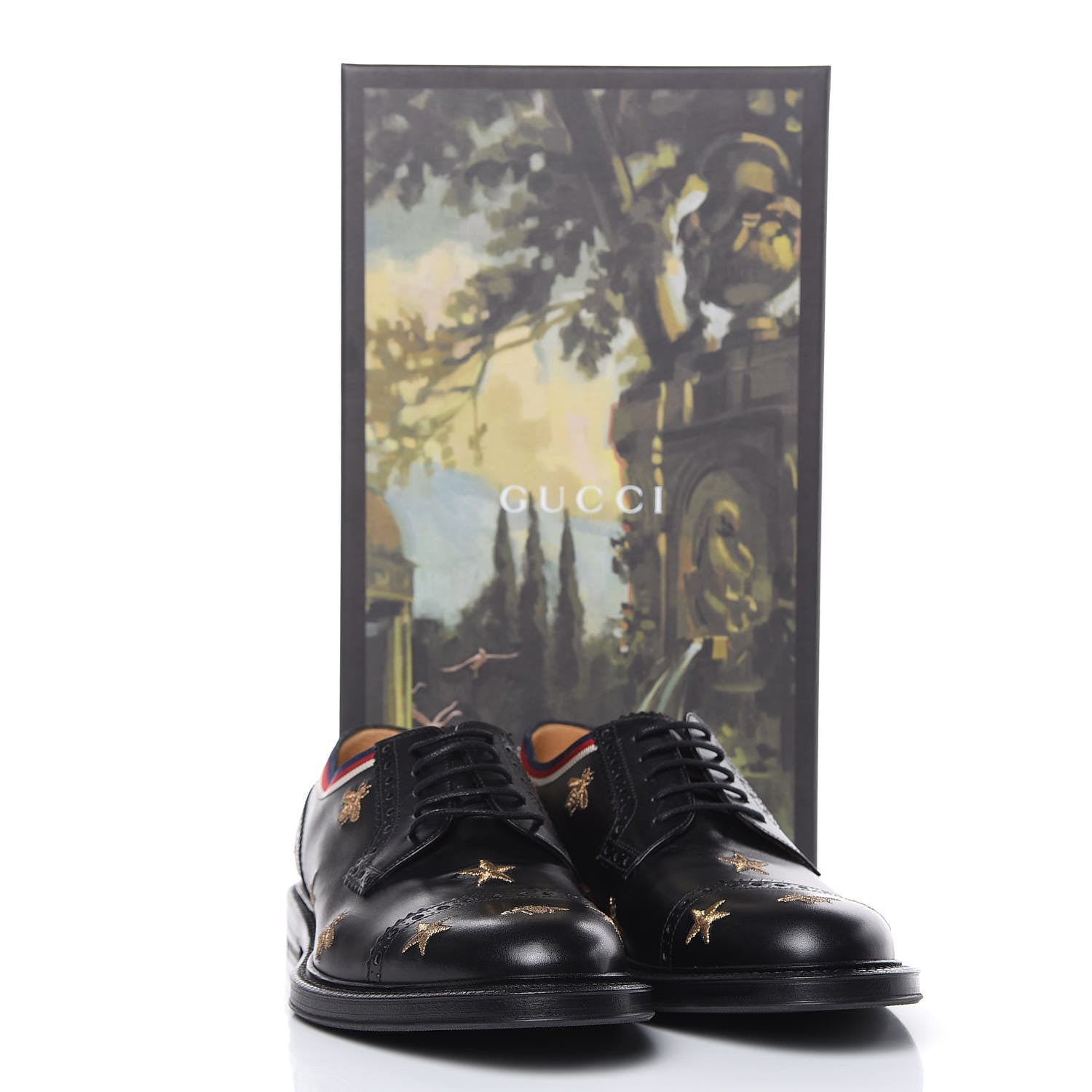 Gucci Calfskin Bee Star Embroidered Mens Captoe Derby Loafers 7.5 Black 10 of 10
