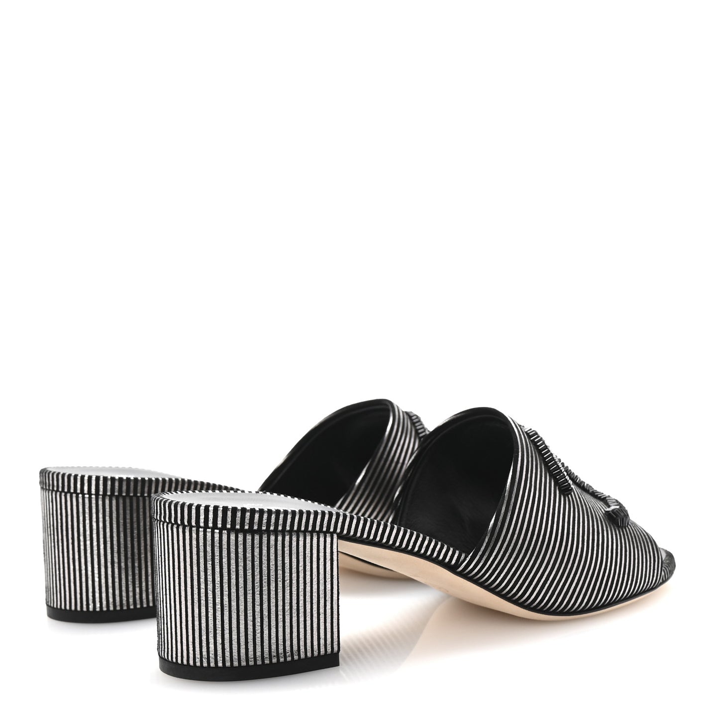 Calfskin Striped Beaded CC Mule Sandals 37.5 Black