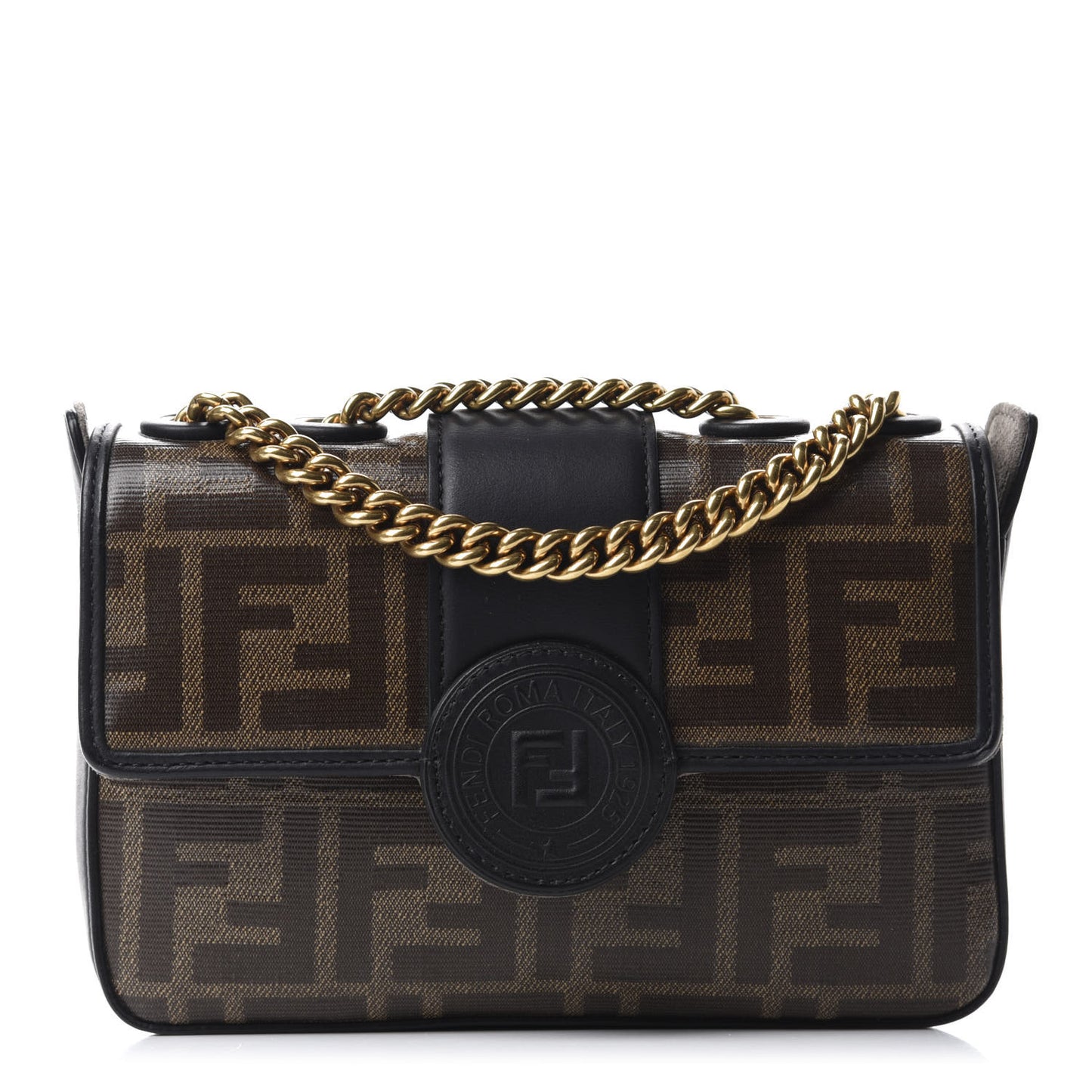 Glazed Fabric Vitello Century FF 1974 Stamp Patch Mini Double F Crossbody Bag Mogano Panna Black
