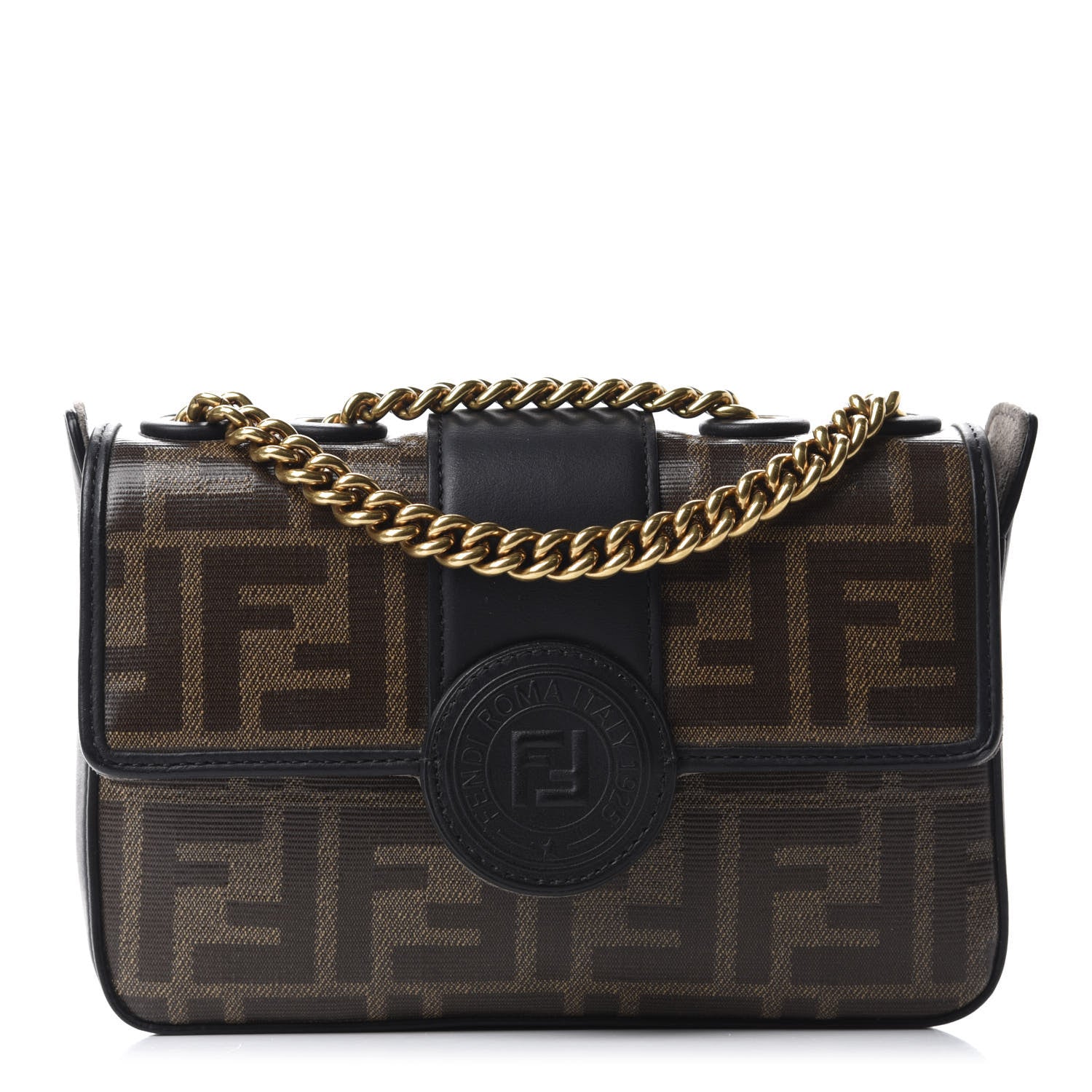 Fendi Glazed Fabric Vitello Century FF 1974 Stamp Patch Mini Double F Crossbody Bag Mogano Panna Black 1 of 10