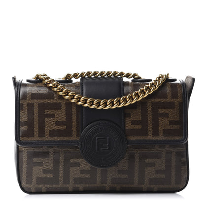 Fendi Glazed Fabric Vitello Century FF 1974 Stamp Patch Mini Double F Crossbody Bag Mogano Panna Black 1 of 10