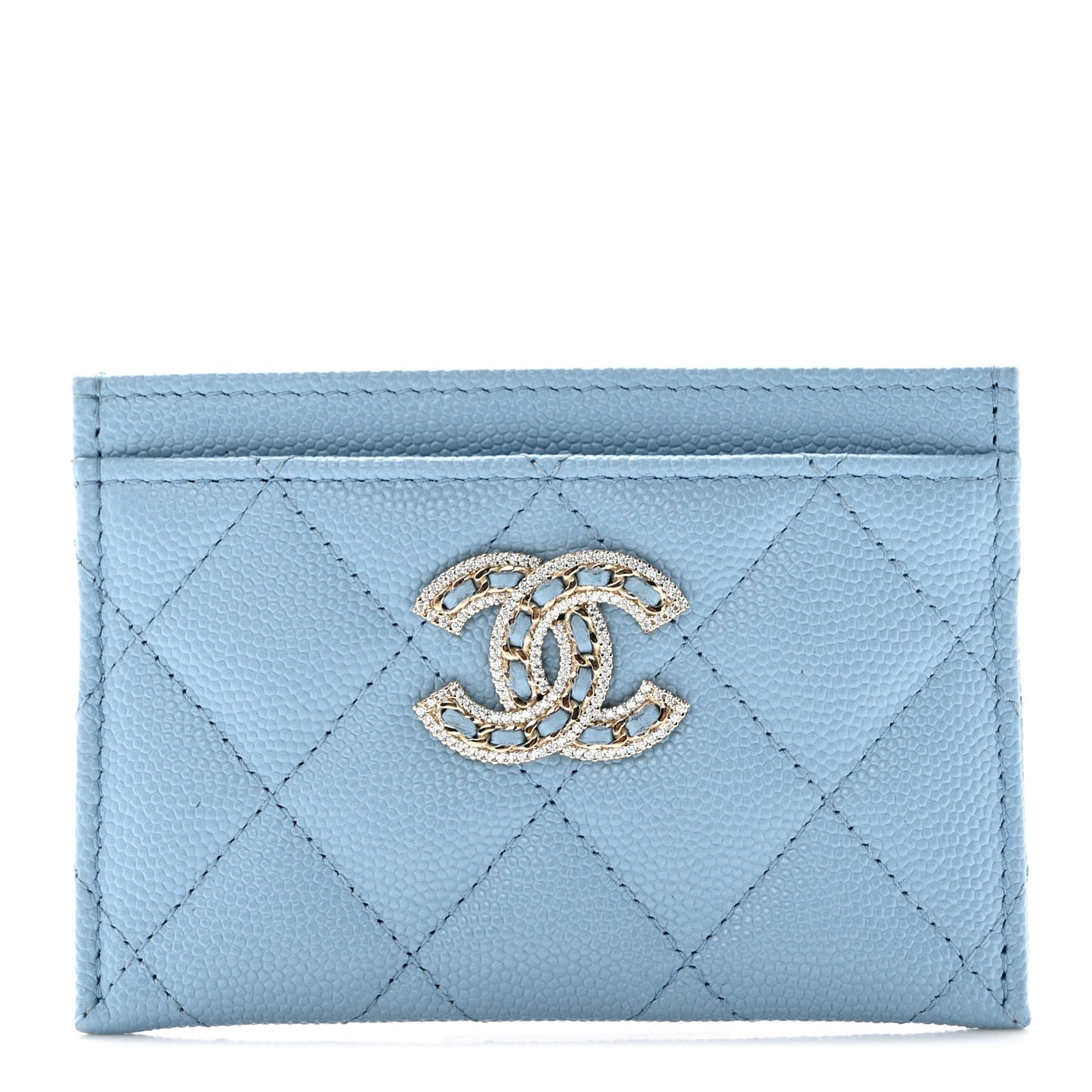 Caviar Quilted Crystal Card Holder Light Blue