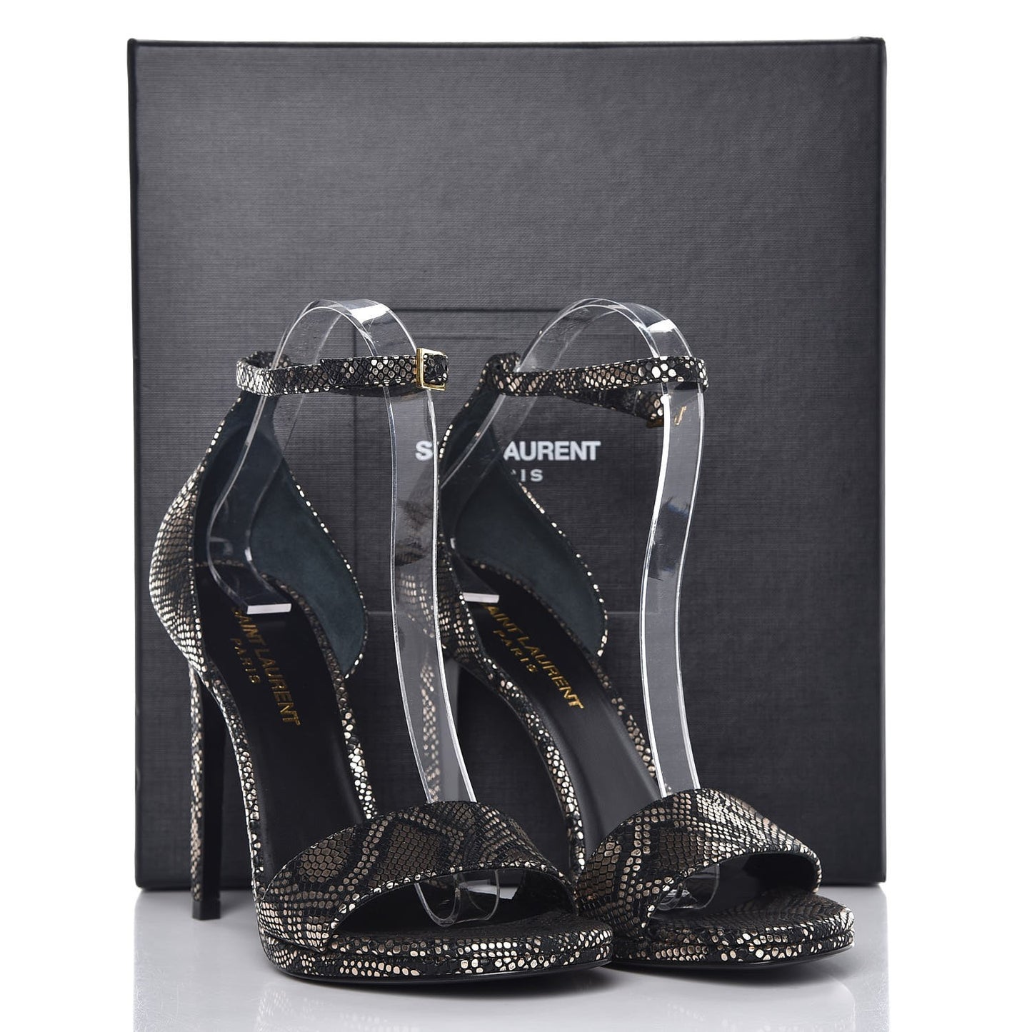 Metallic Python Calfskin Embossed Disco Jane 105 Ankle Strap Sandals 36.5 Black Gold