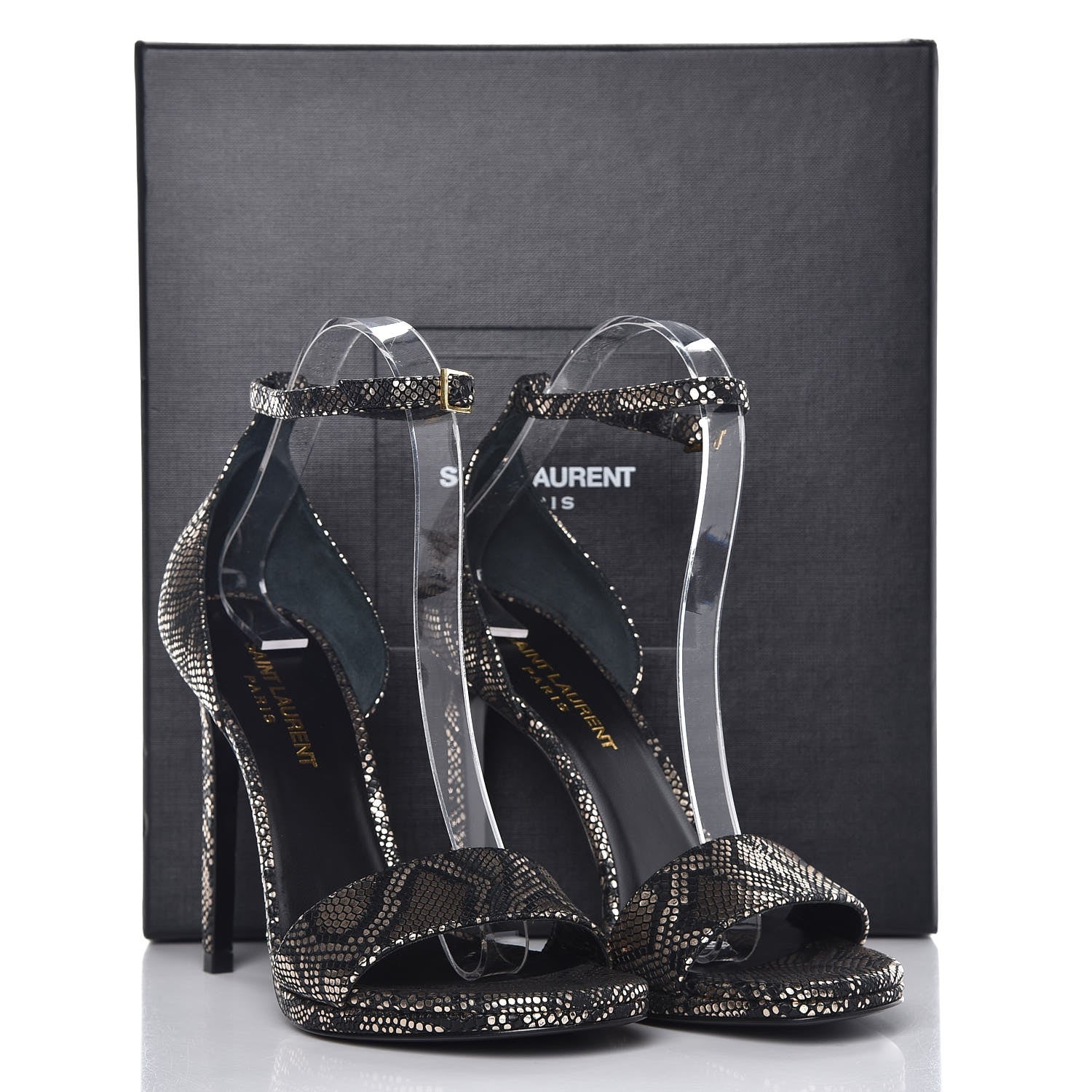 Saint Laurent Metallic Python Calfskin Embossed Disco Jane 105 Ankle Strap Sandals 36.5 Black Gold 8 of 8