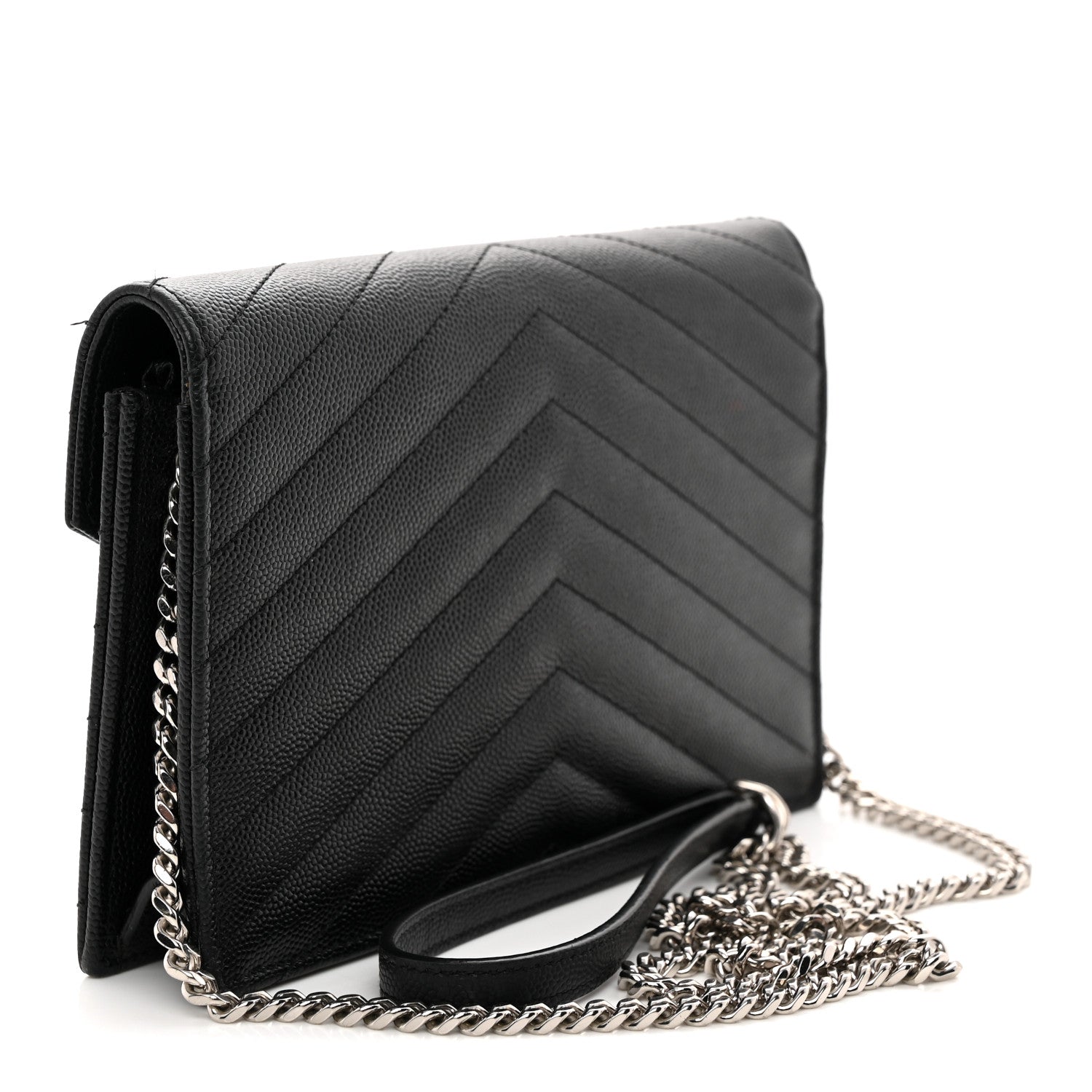 Saint Laurent Grain De Poudre Matelasse Chevron Monogram Envelope Chain Wallet Black 3 of 13