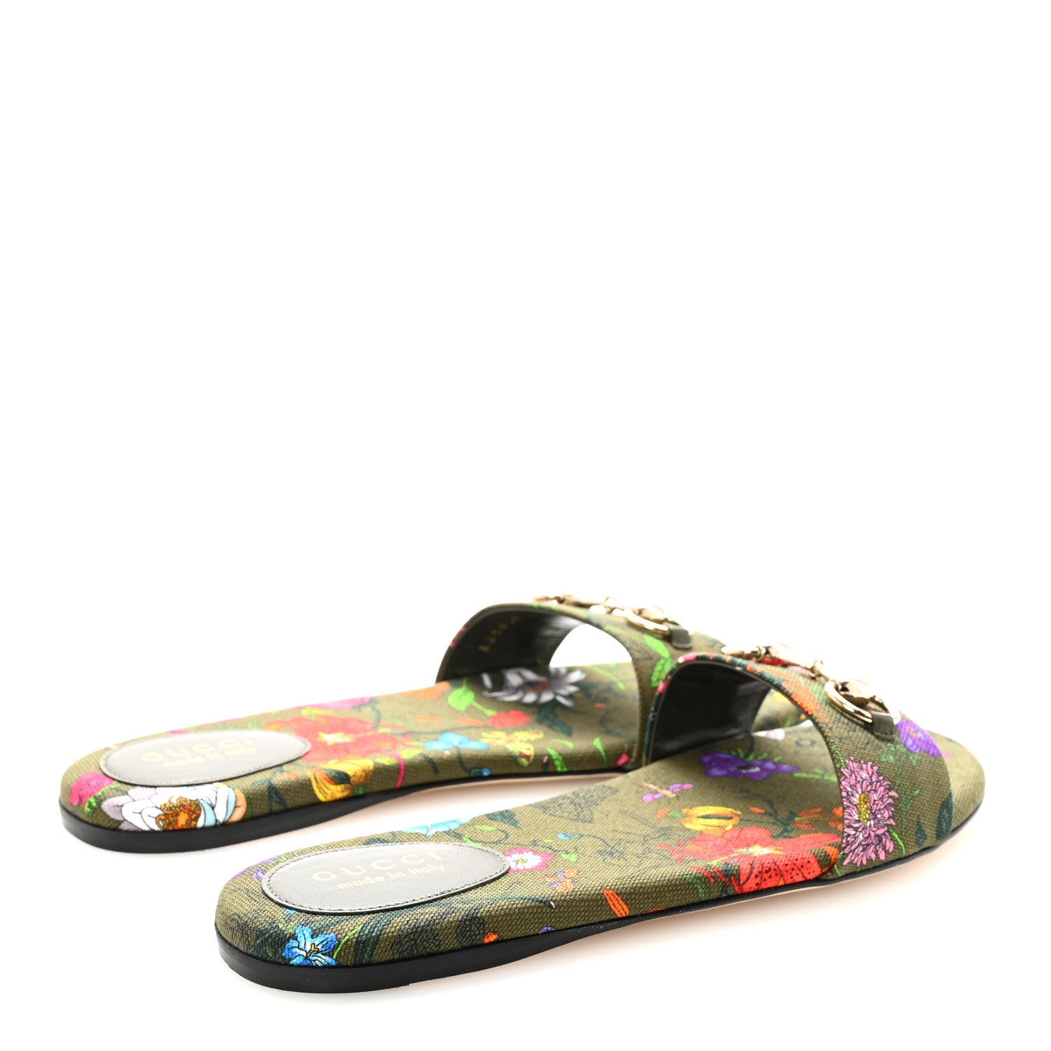Gucci Canvas Flora Print Horsebit Slide Sandals 39 Dark Green 5 of 10
