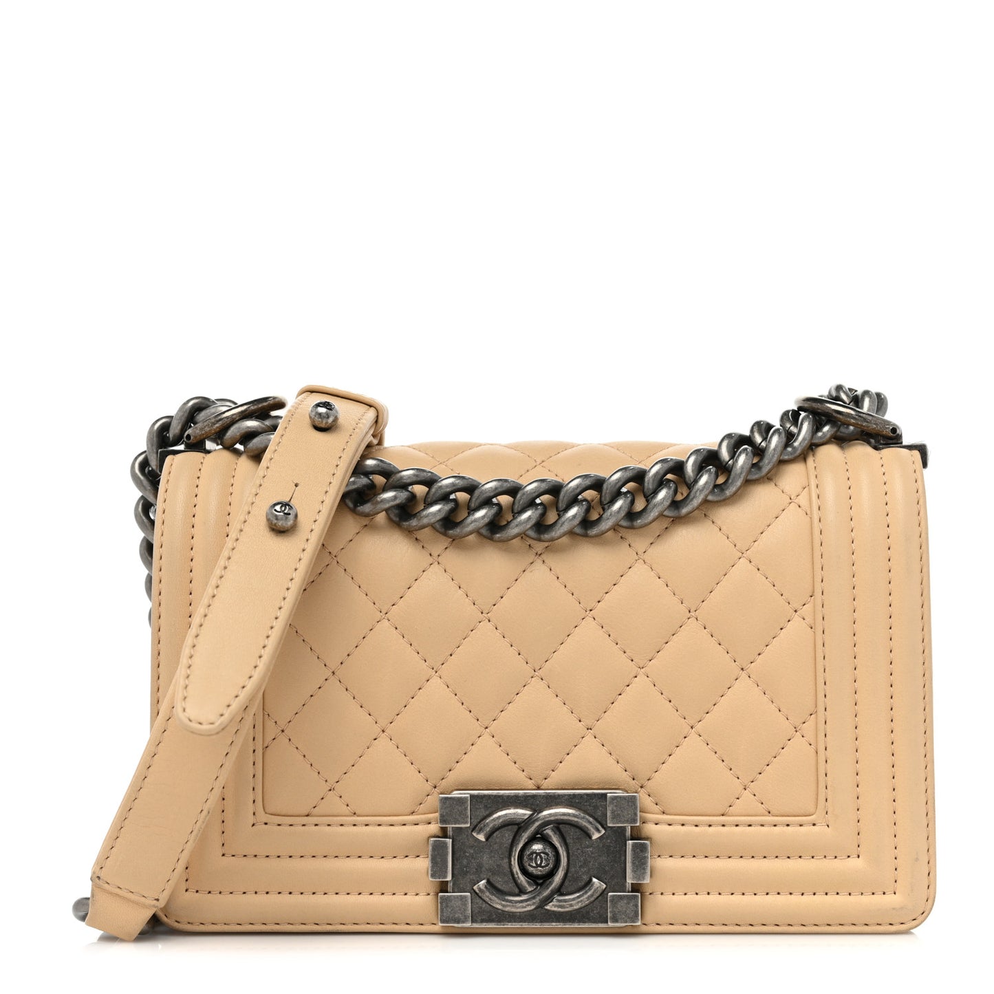 Calfskin Quilted Small Boy Flap Beige