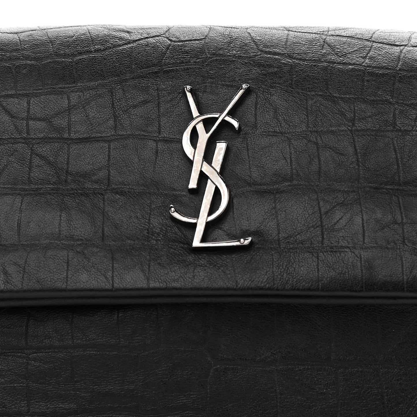 Calfskin Crocodile Embossed Medium West Hollywood Monogram Fold-Over Black