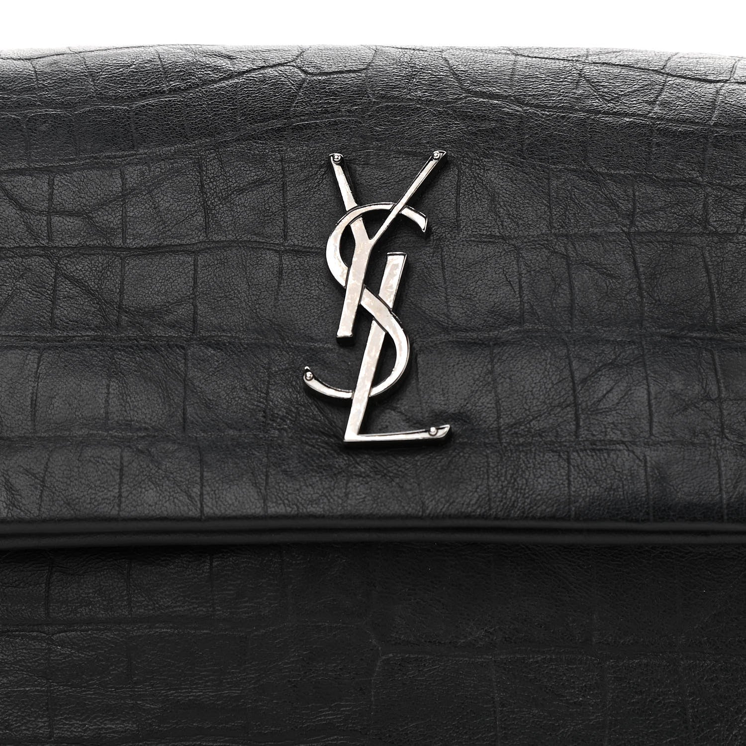 Saint Laurent Calfskin Crocodile Embossed Medium West Hollywood Monogram Fold-Over Black 10 of 13