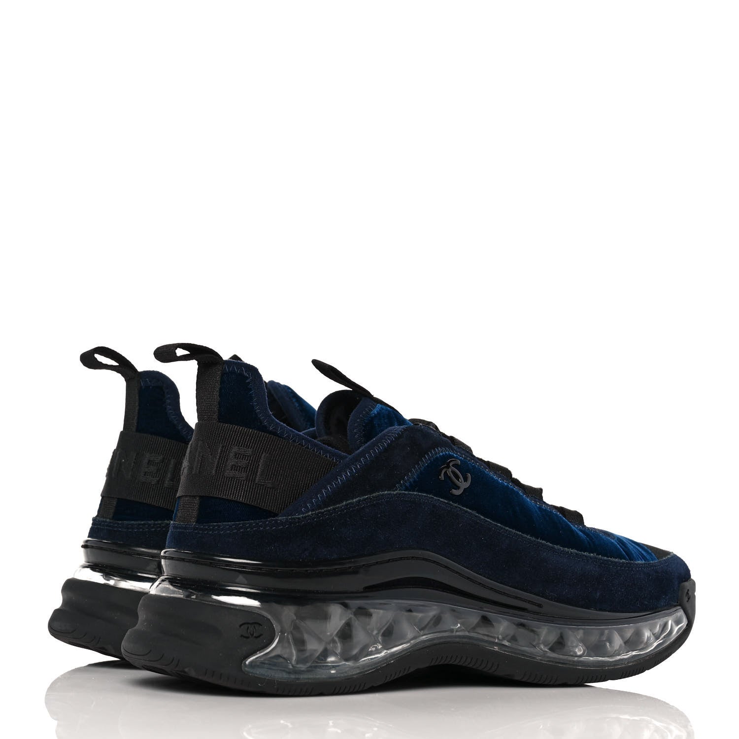 Chanel Suede Calfskin Velvet Grosgrain CC Sneakers 39.5 Navy Blue Black 4 of 10