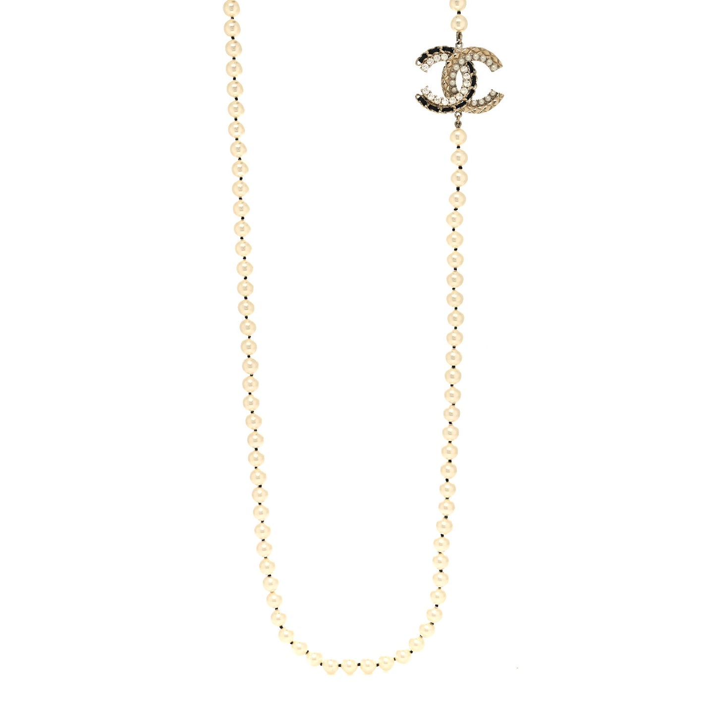 Pearl Crystal Lambskin CC Long Necklace Gold Black