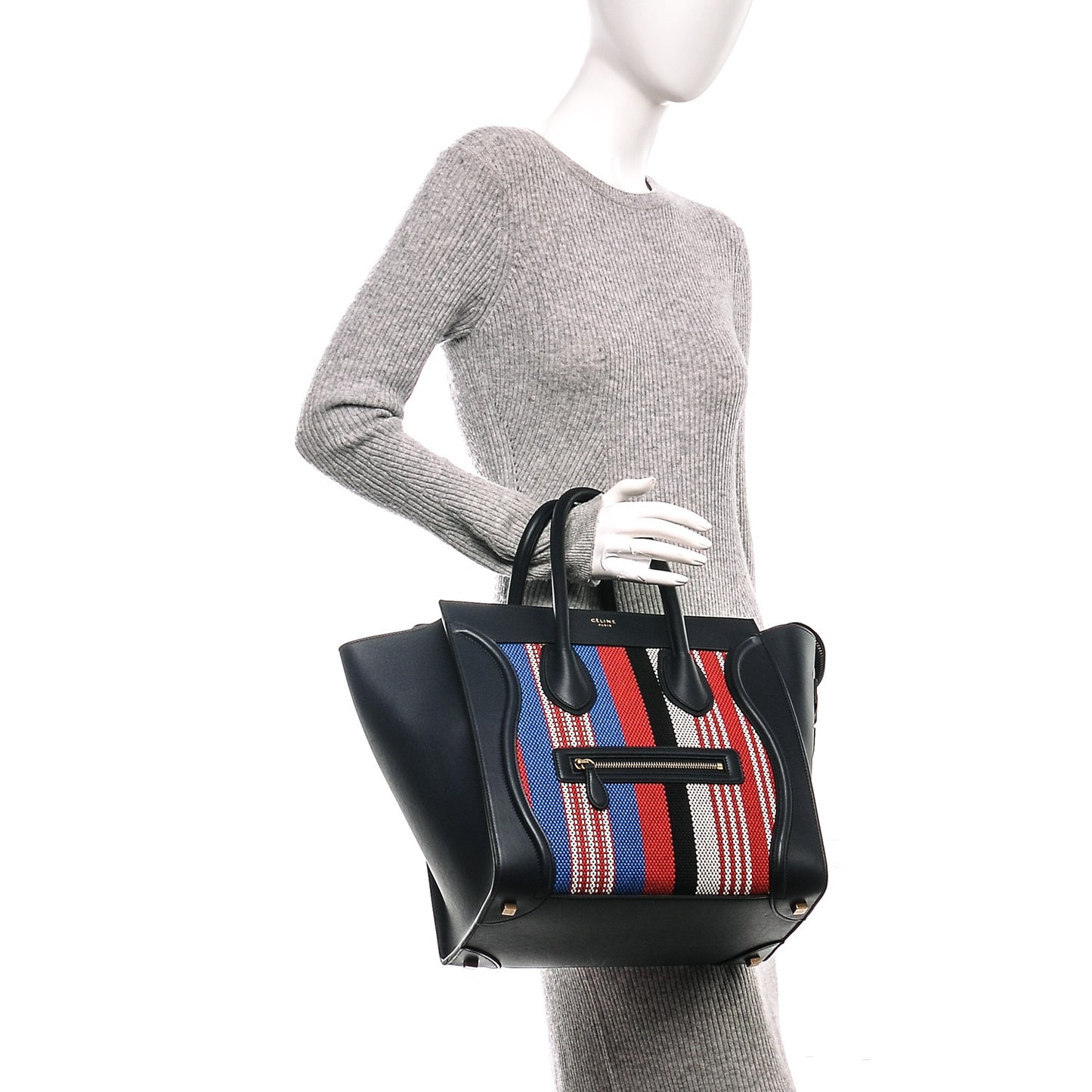 Smooth Calfskin Striped Canvas Mini Luggage Navy Blue