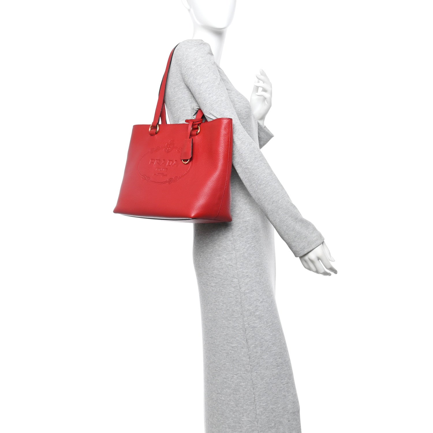 Prada Vitello Phenix Embossed Logo Tote Rosso 2 of 10