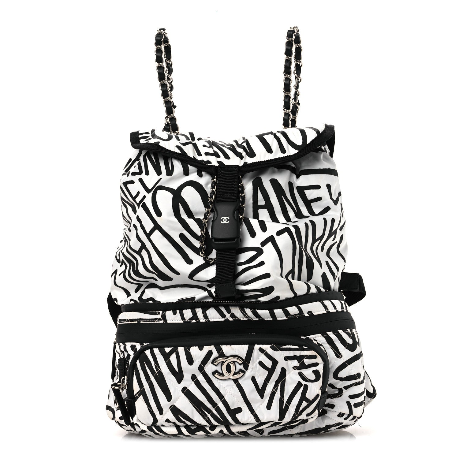 Chanel Nylon Printed Quilted Coco Neige Convertible Backpack Black White 1 of 18