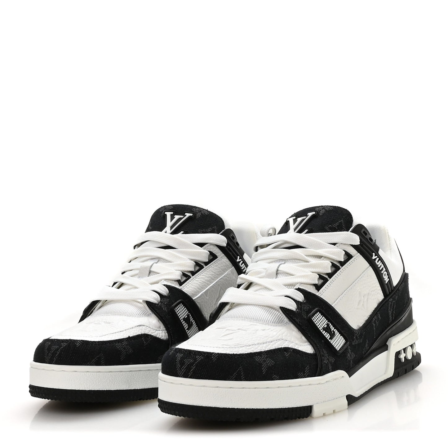 Calfskin Embossed Monogram Denim Mens LV Trainer Sneakers  9.5 Black