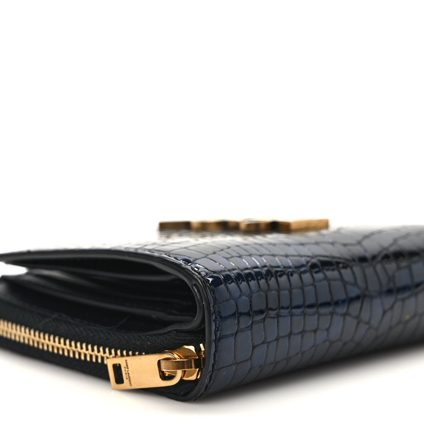 Calfskin Crocodile Embossed Monogram Compact Wallet Blue Black